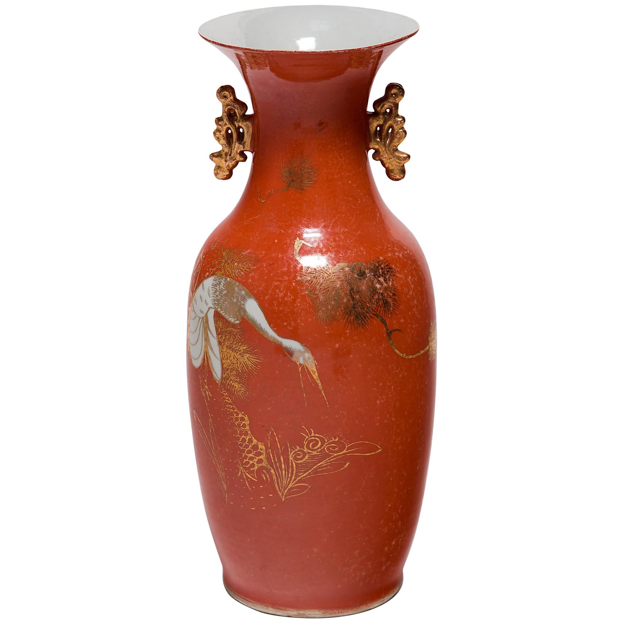 Chinese Art Deco Persimmon Vase with White Cranes, circa 1920s For Sale