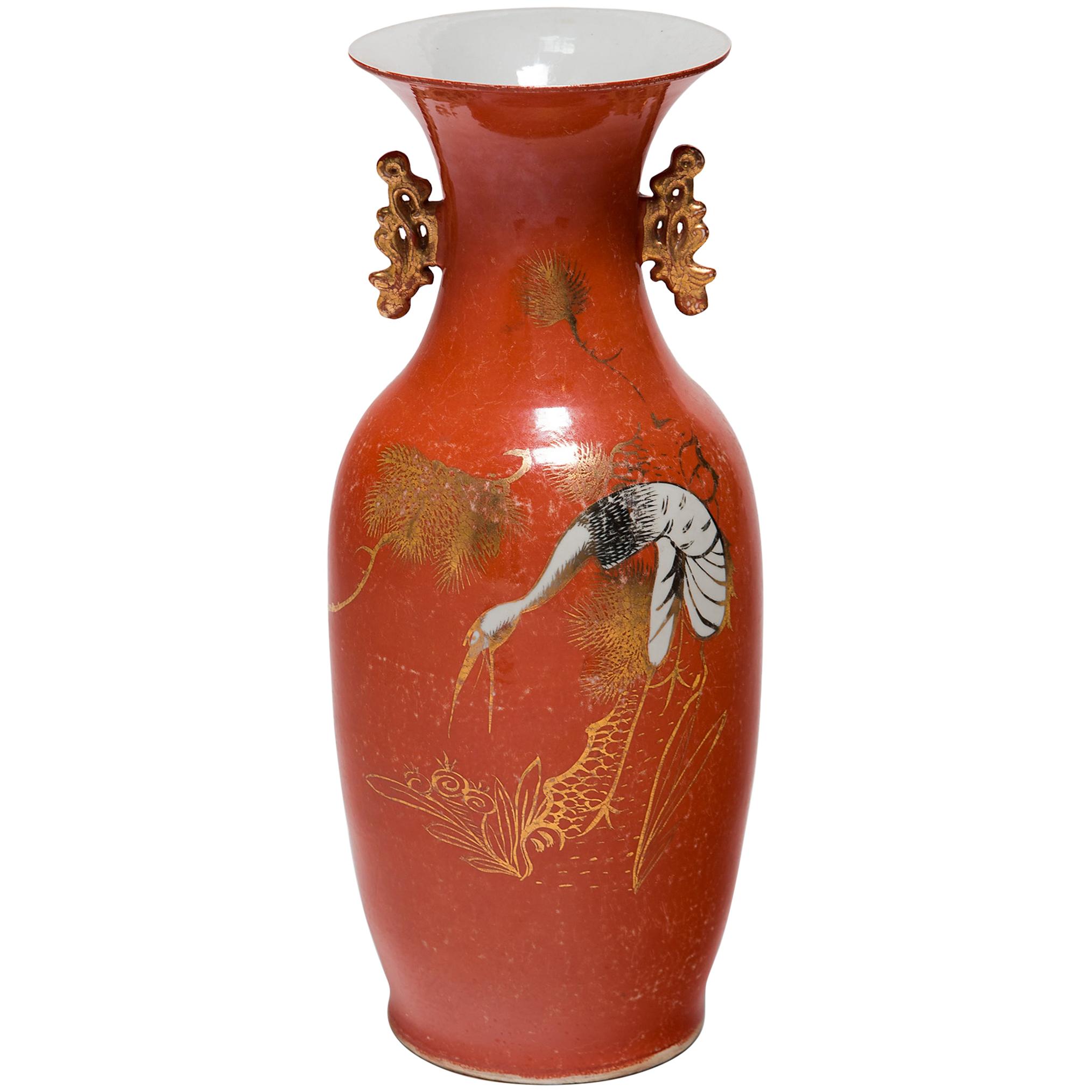 Chinese Art Deco Persimmon Vase with White Cranes, circa 1920s For Sale