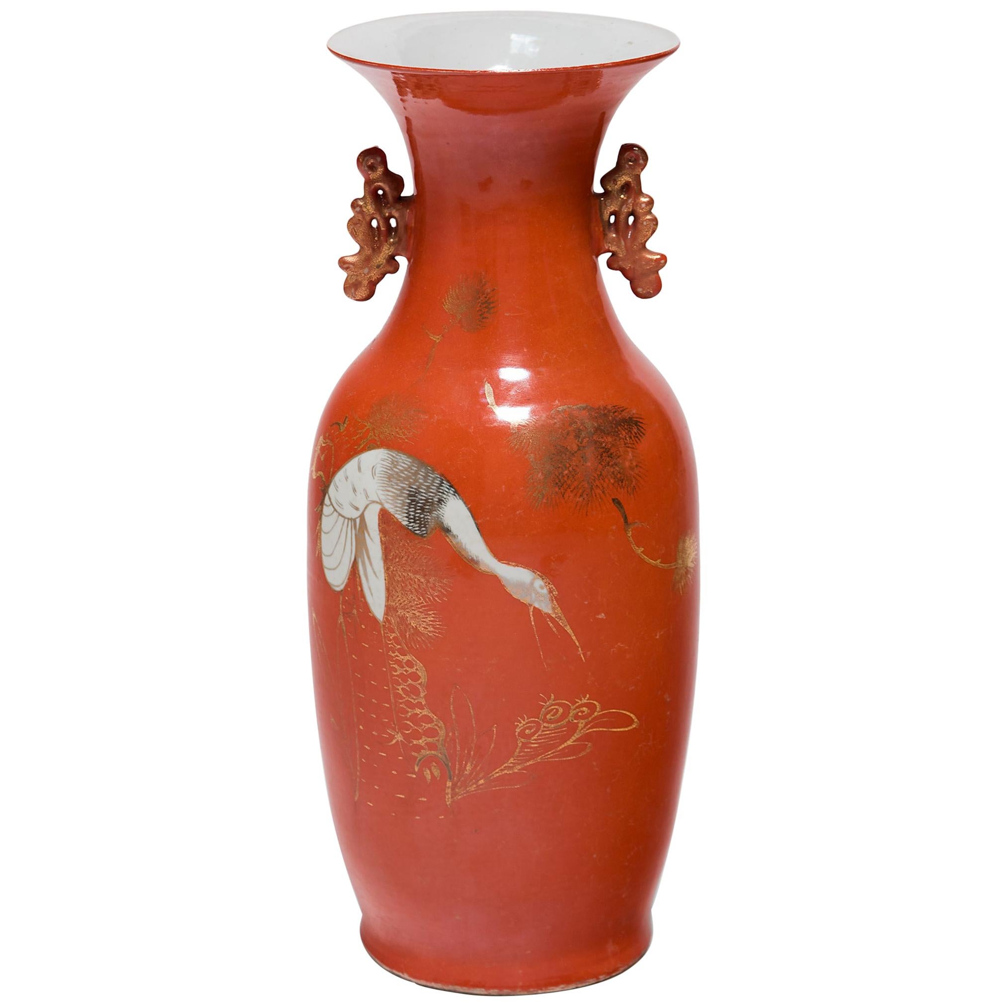 Chinese Art Deco Persimmon Vase with White Cranes, circa 1920s