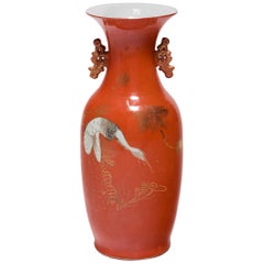 Chinese Art Deco Persimmon Vase with White Cranes, circa 1920s