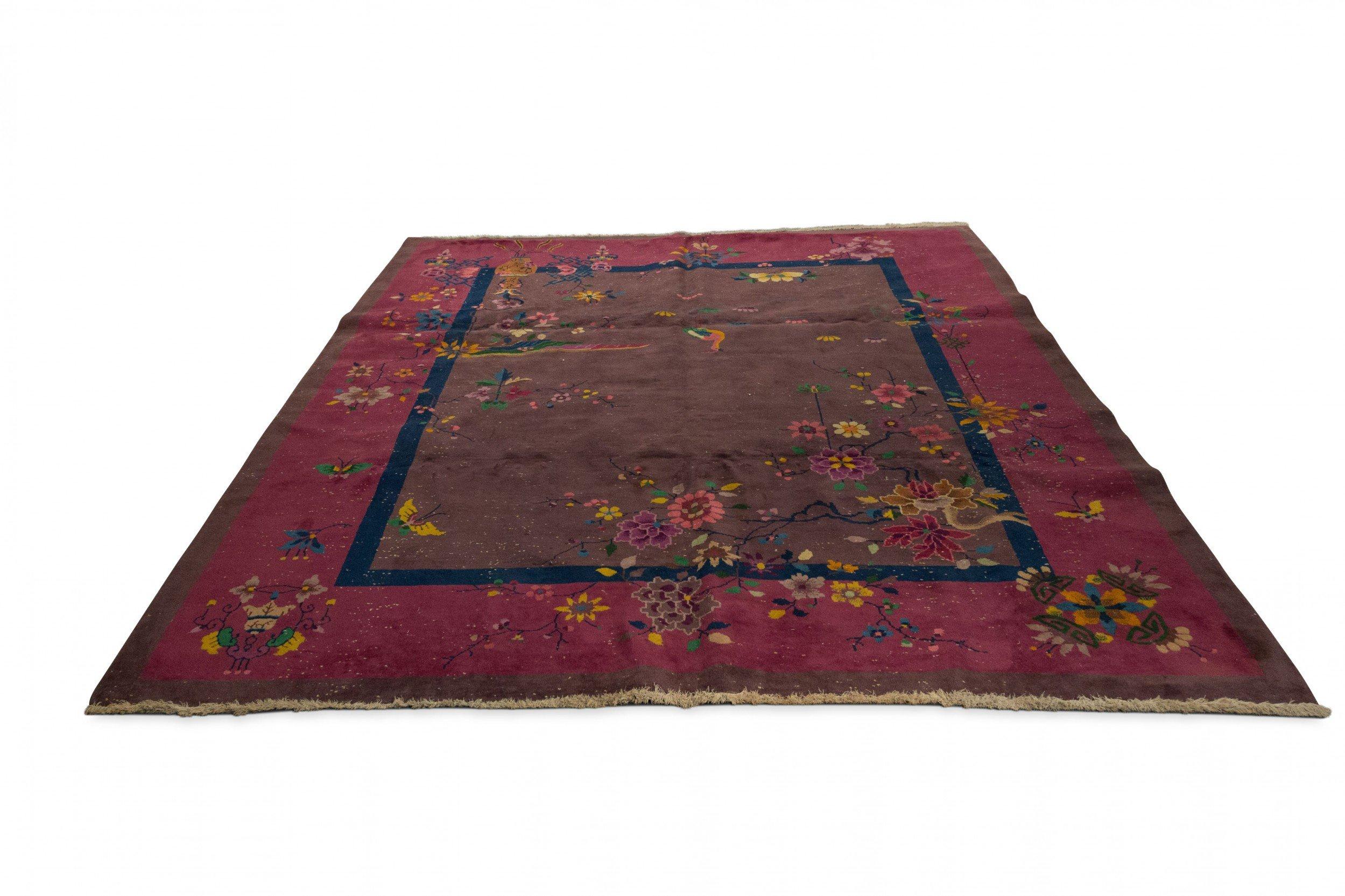 Asian Chinese Art Deco rug with a pale purple background and floral decoration (possibly NICHOLS).
 