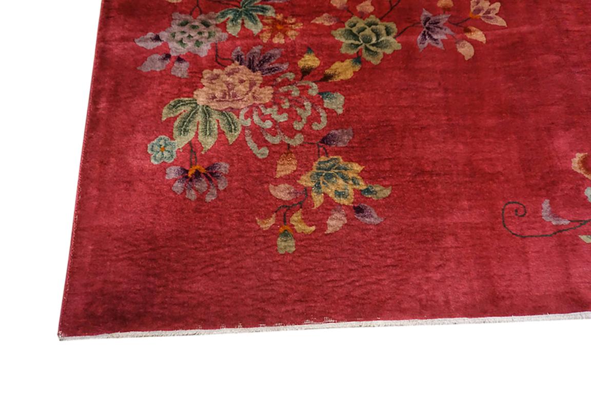 Chinese - Art Deco Rug 9' x 11'
Chinese - Art Deco
As the name implies, pieces woven between the wars for the Western market by mostly American owned firms especially Nichols and Fette, in thick heavy weaves using strong colors, asymmetric patterns