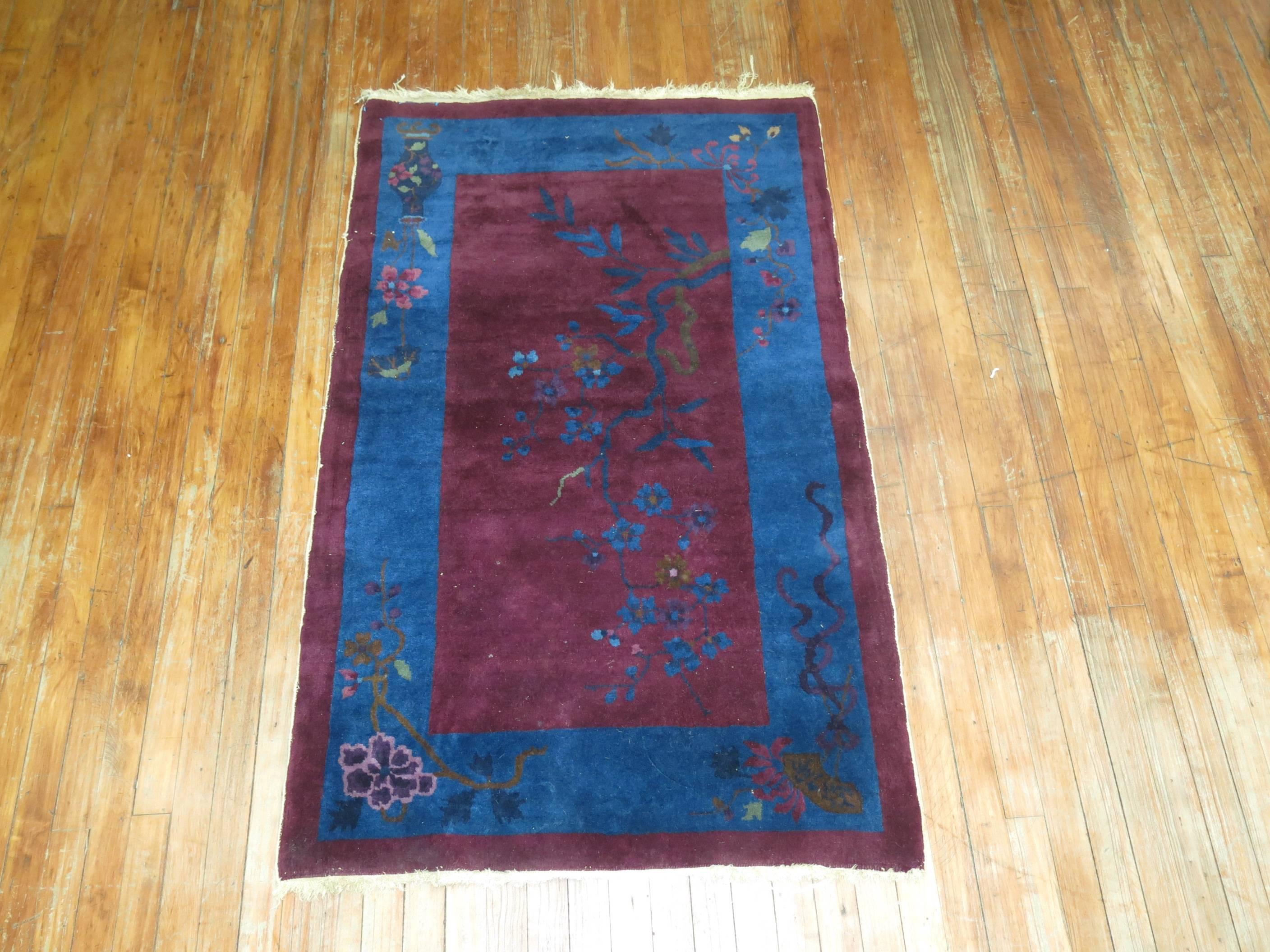 An authentic full pile condition, 20th century Chinese Art Deco scatter size rug.