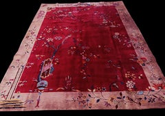 Beautiful Maroon Color Background Asymmetrical Floral Antique Deco Chinese Rug