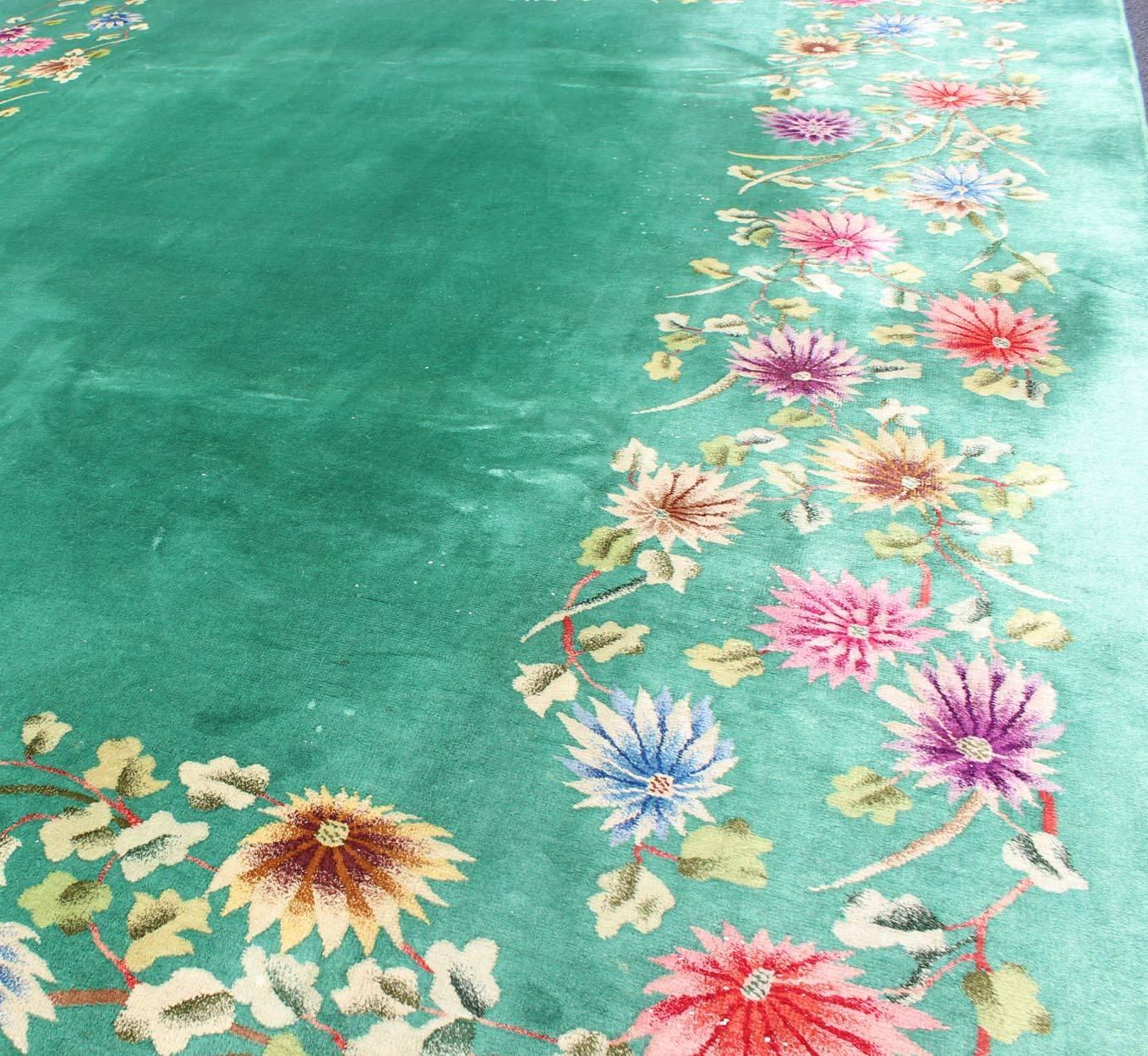 Chinese Art Deco Rug with Empty Green Field and Colorful, Vining, Floral Border For Sale 2
