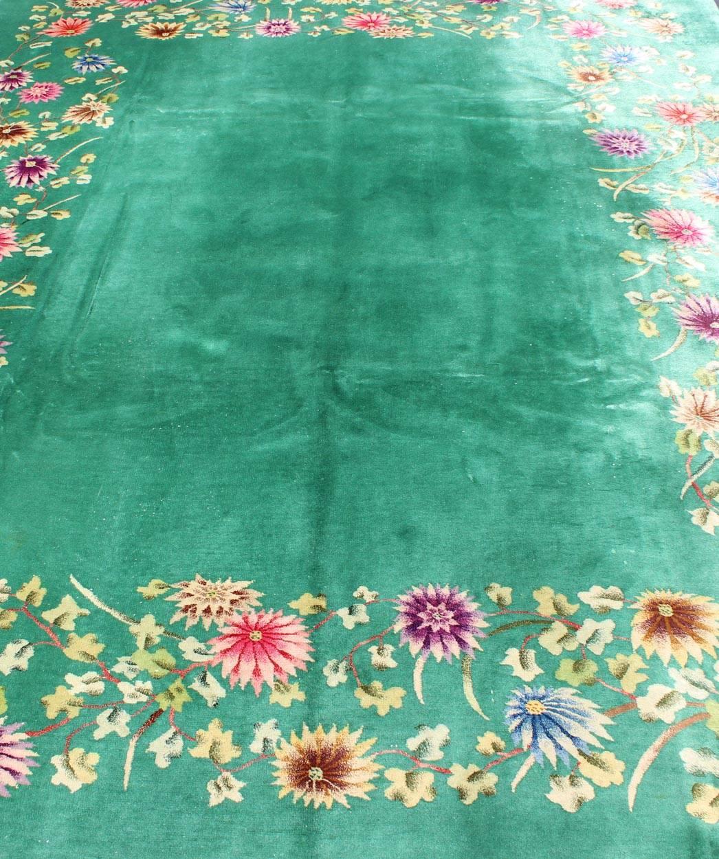 Chinese Art Deco Rug with Empty Green Field and Colorful, Vining, Floral Border For Sale 3