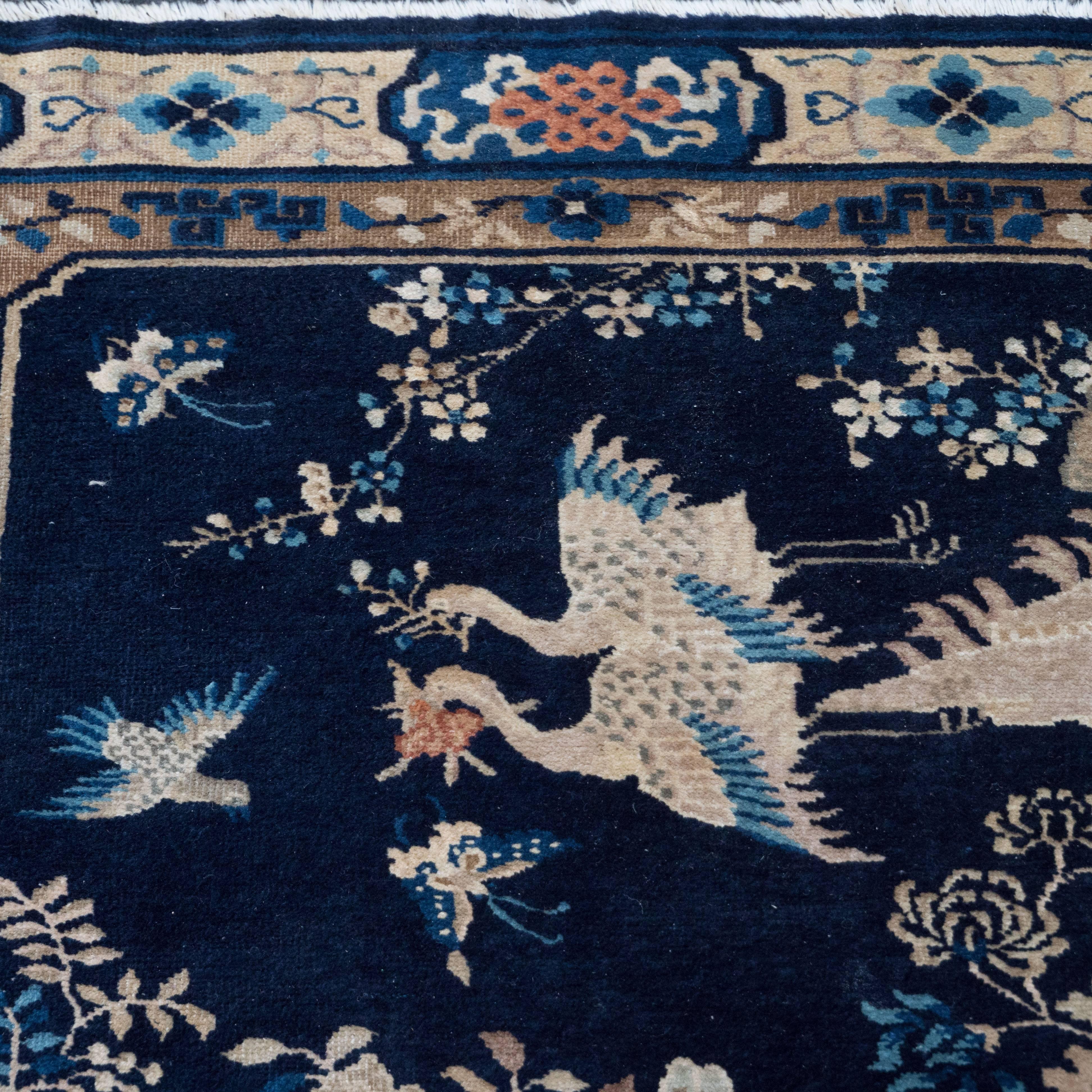 Chinese Art Deco Rug with Hues of Midnight and Royal Blue, Sand and Rose For Sale 3