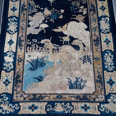Chinese Art Deco Rug with Hues of Midnight and Royal Blue, Sand and Rose
