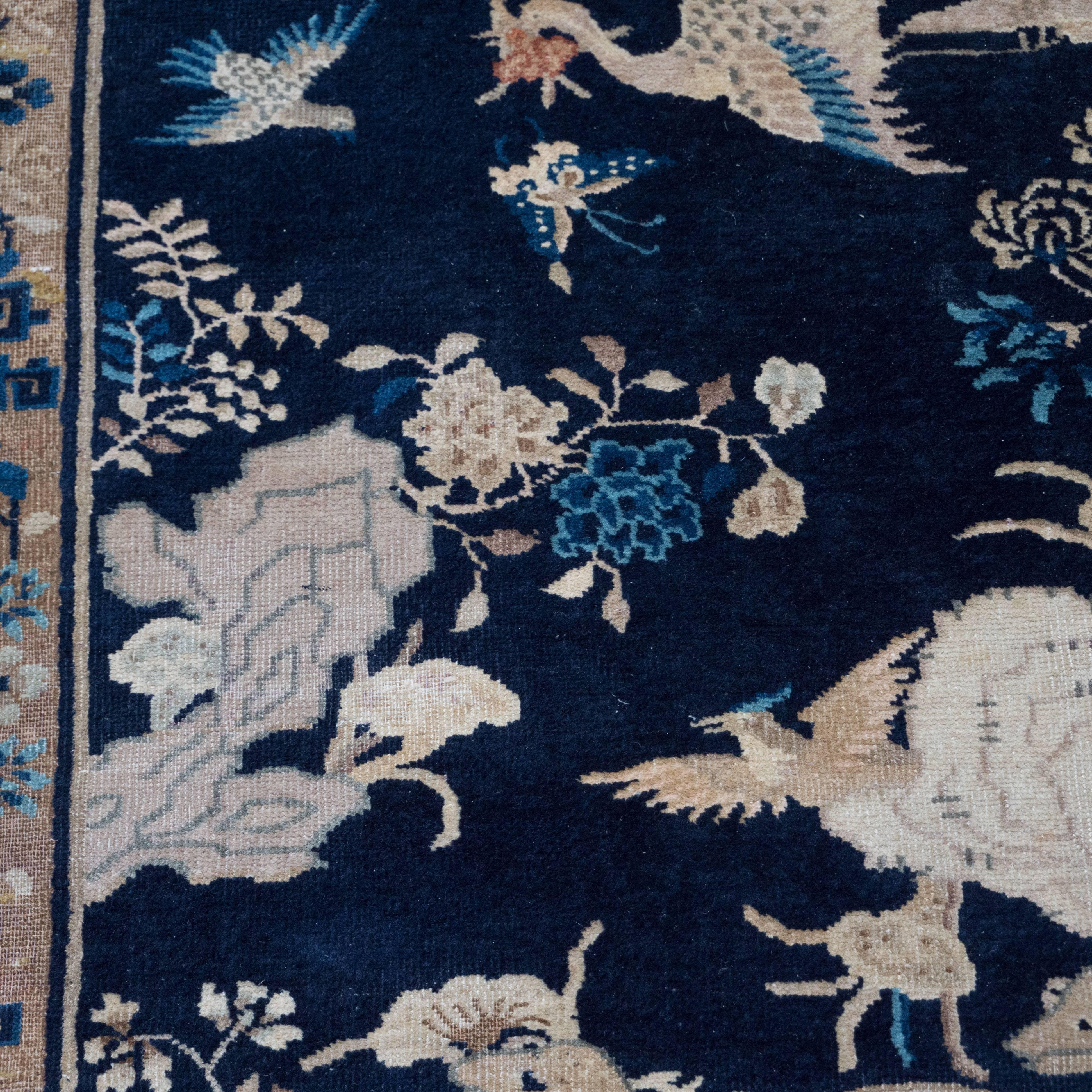 Wool Chinese Art Deco Rug with Hues of Midnight and Royal Blue, Sand and Rose For Sale