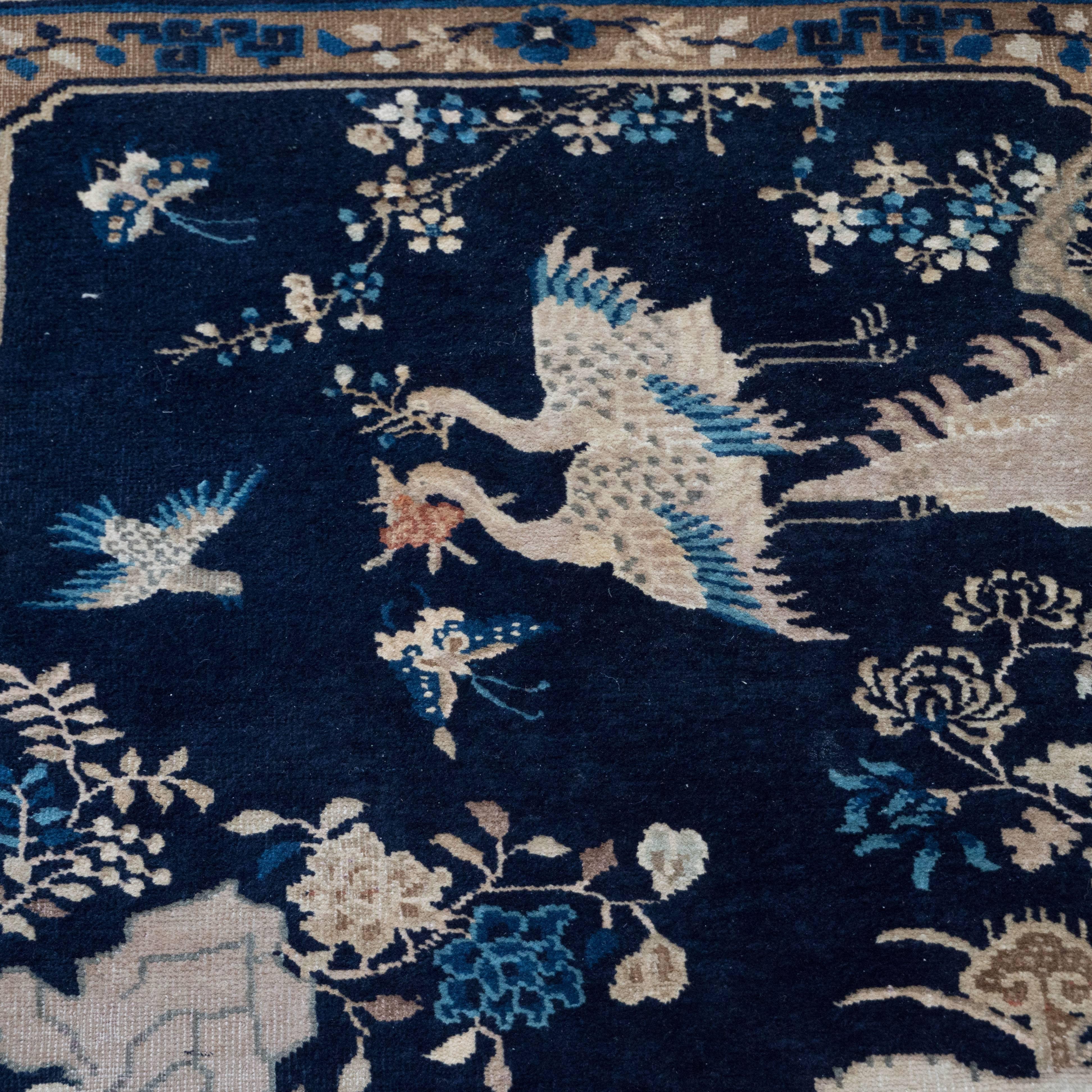 Chinese Art Deco Rug with Hues of Midnight and Royal Blue, Sand and Rose For Sale 1