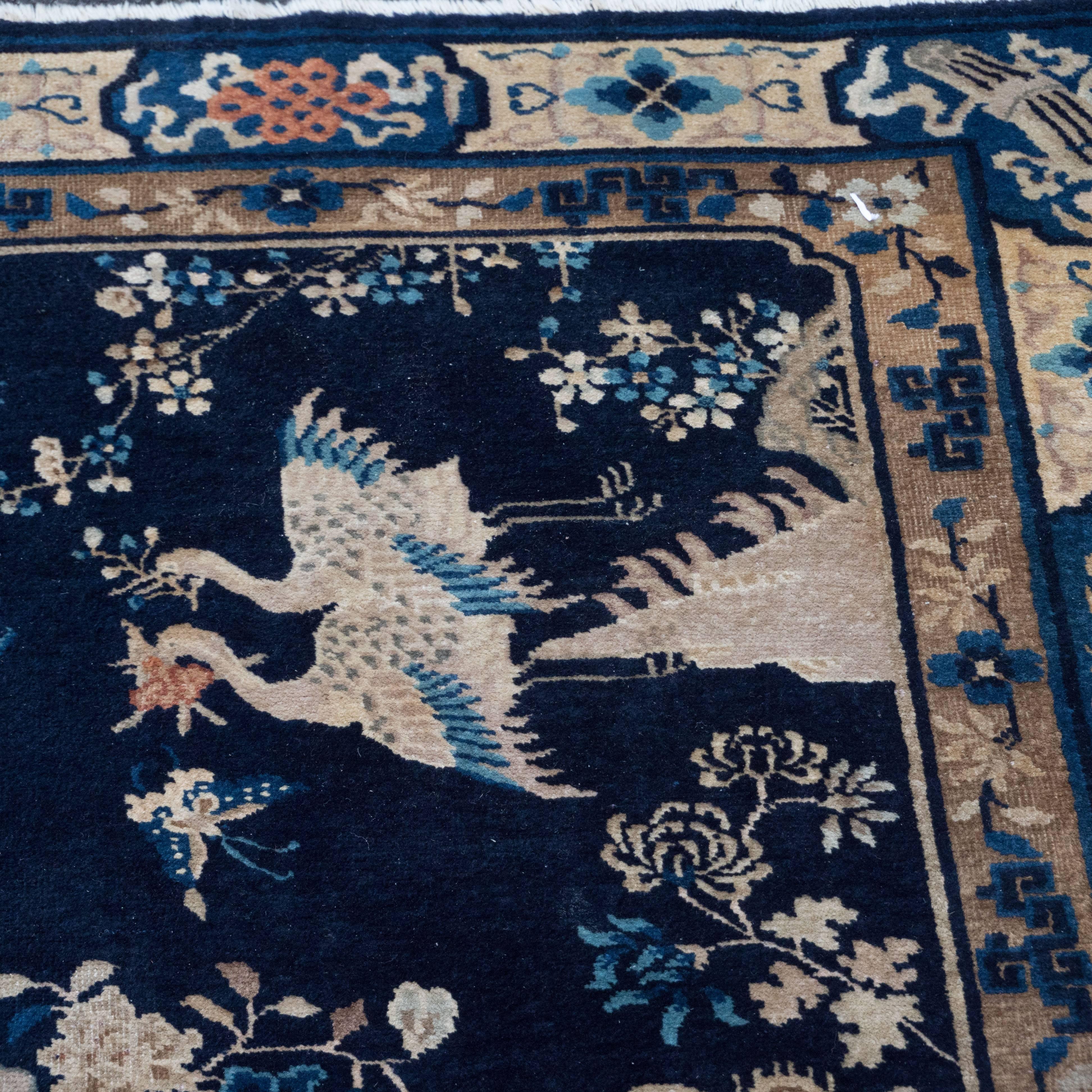 Chinese Art Deco Rug with Hues of Midnight and Royal Blue, Sand and Rose For Sale 2