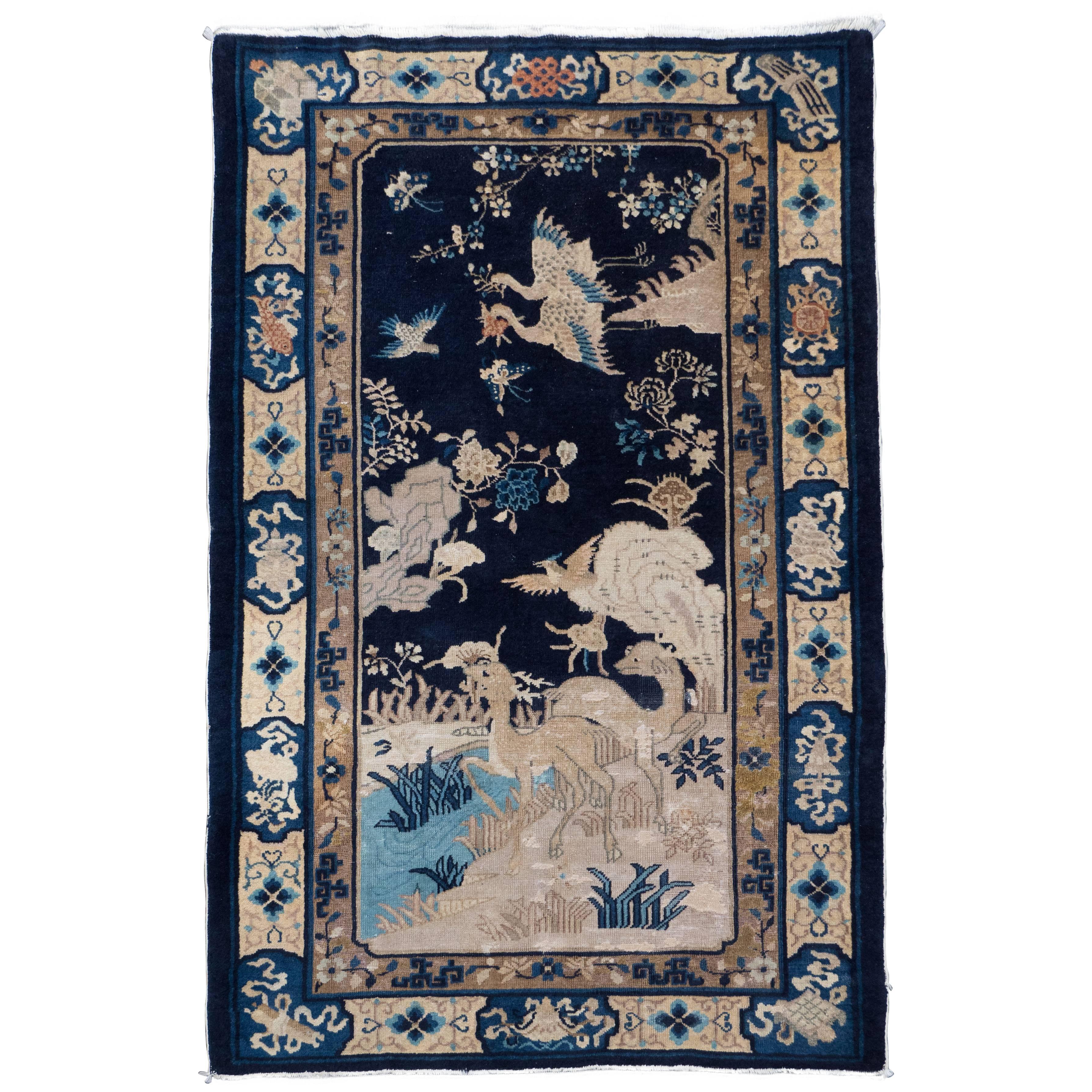 Chinese Art Deco Rug with Hues of Midnight and Royal Blue, Sand and Rose For Sale
