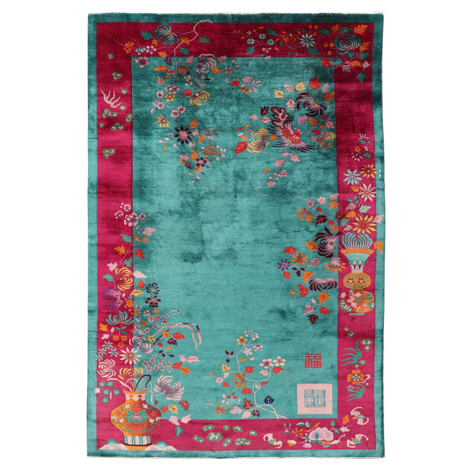 Chinesische Art Deco Teppich mit großen Vining Blume 9'6" X13'5"