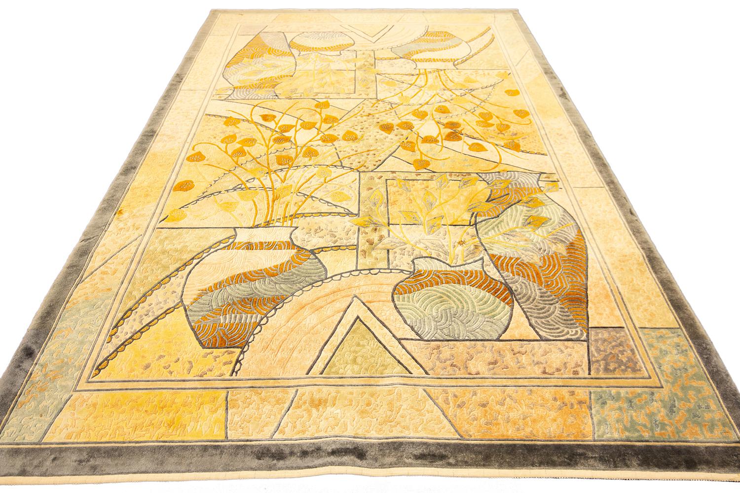 This is a modern Chinese Art Deco silk rug that measures 241 x167 cm in size. This piece has an abstract design that revolves around three different-sized vases with blossoming plants located at both ends of the rug. An interesting feature of this