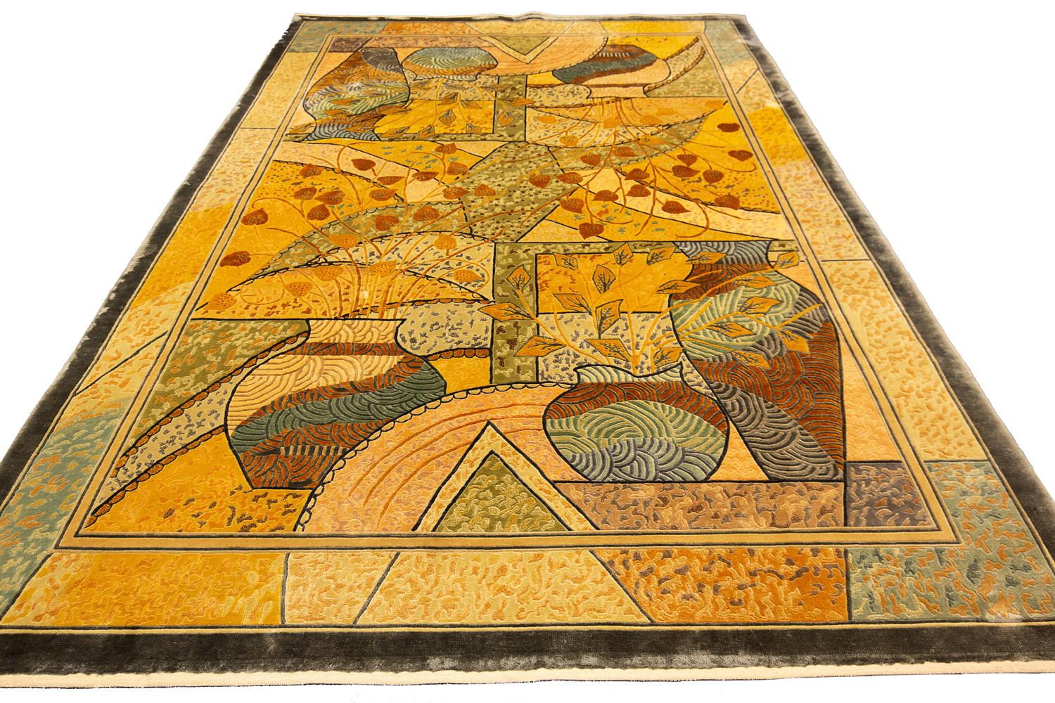 Hand-Knotted Chinese Art Deco Silk Rug Late 20th Century For Sale