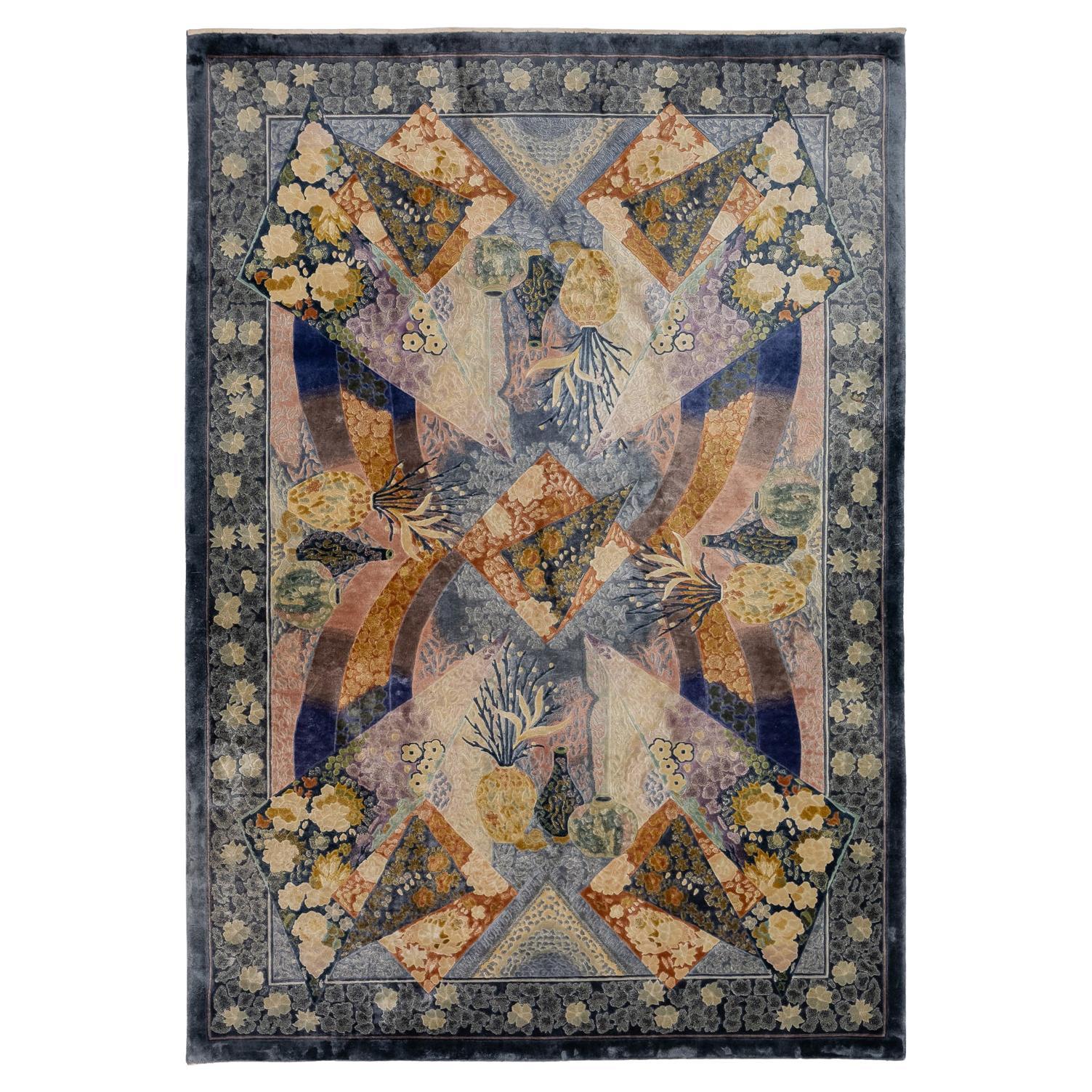Chinese Art Deco Silk Rug Abstract Design For Sale