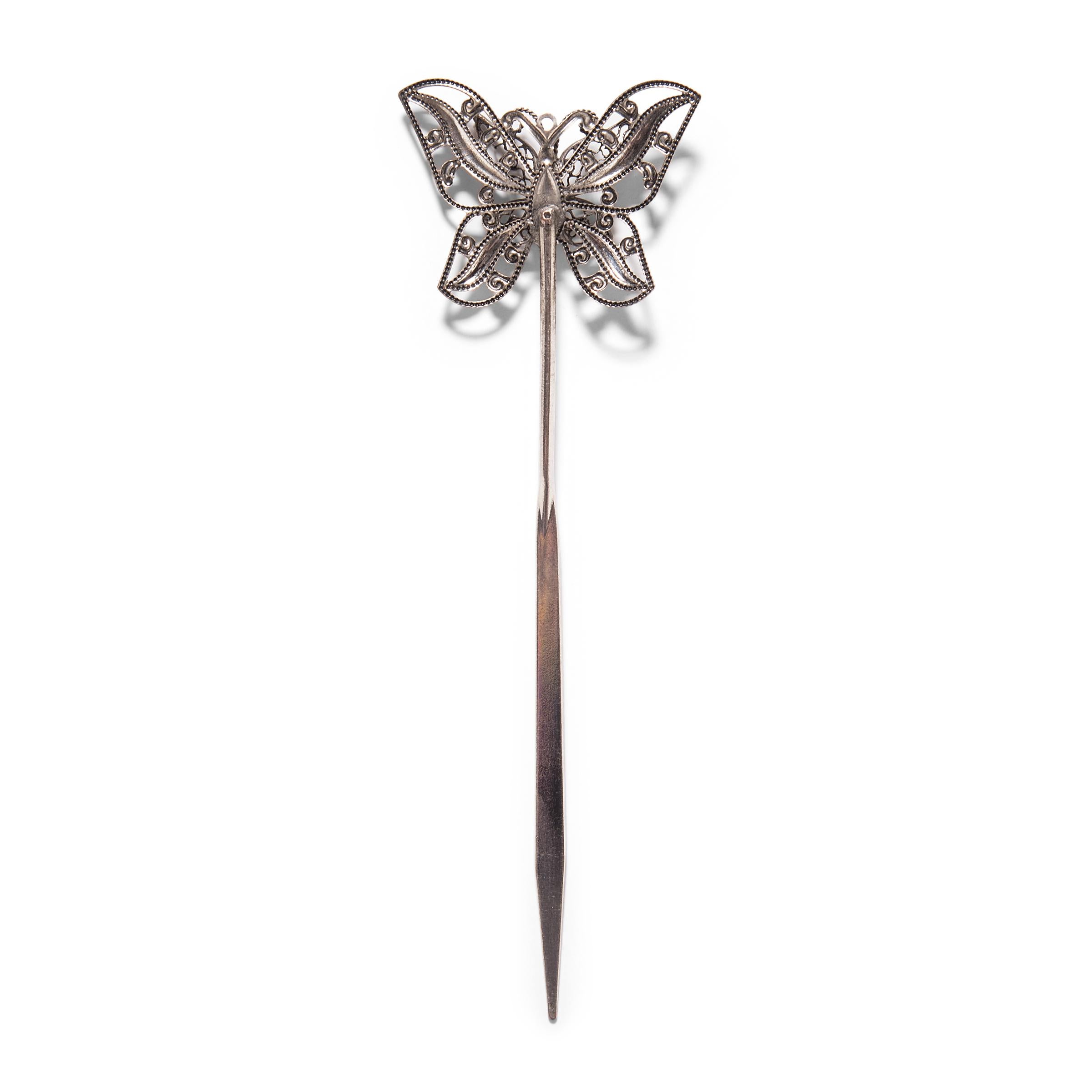 Chinese Art Deco Silver Butterfly Hairpin In Good Condition In Chicago, IL