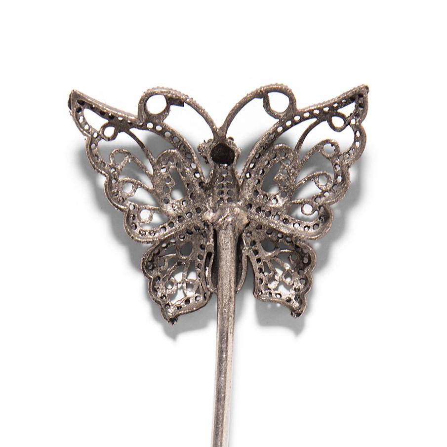 Chinese Art Deco Silver Butterfly Hairpin In Good Condition In Chicago, IL