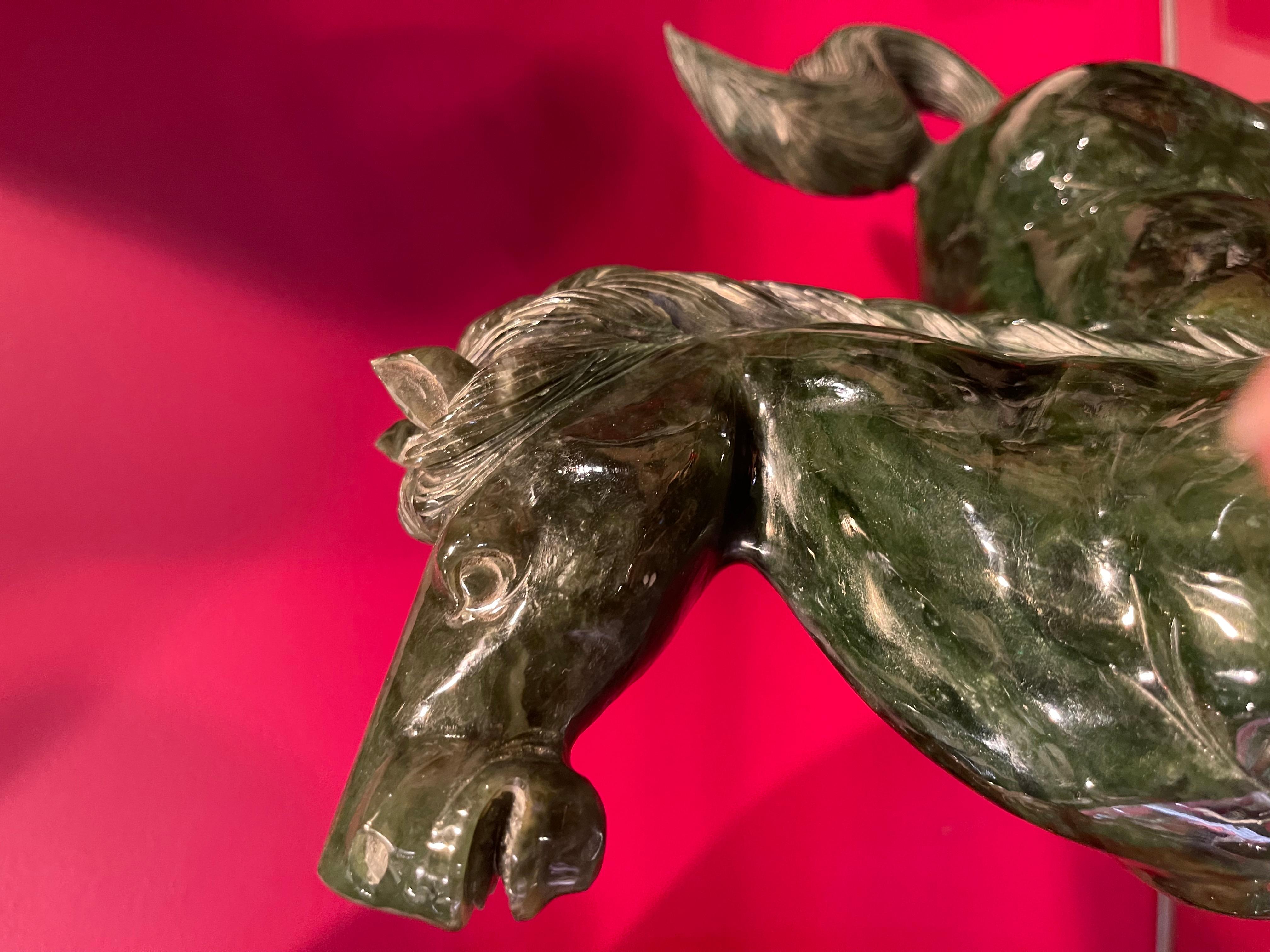 Hand-Carved Chinese Art Deco Spinach-Green Jade Horse, Ca. 1920 For Sale