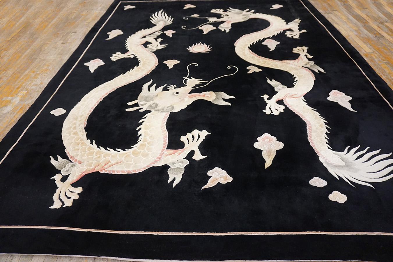 Tapis chinois de style art déco avec dragons ( 9'x 12' - 275 x 365 )