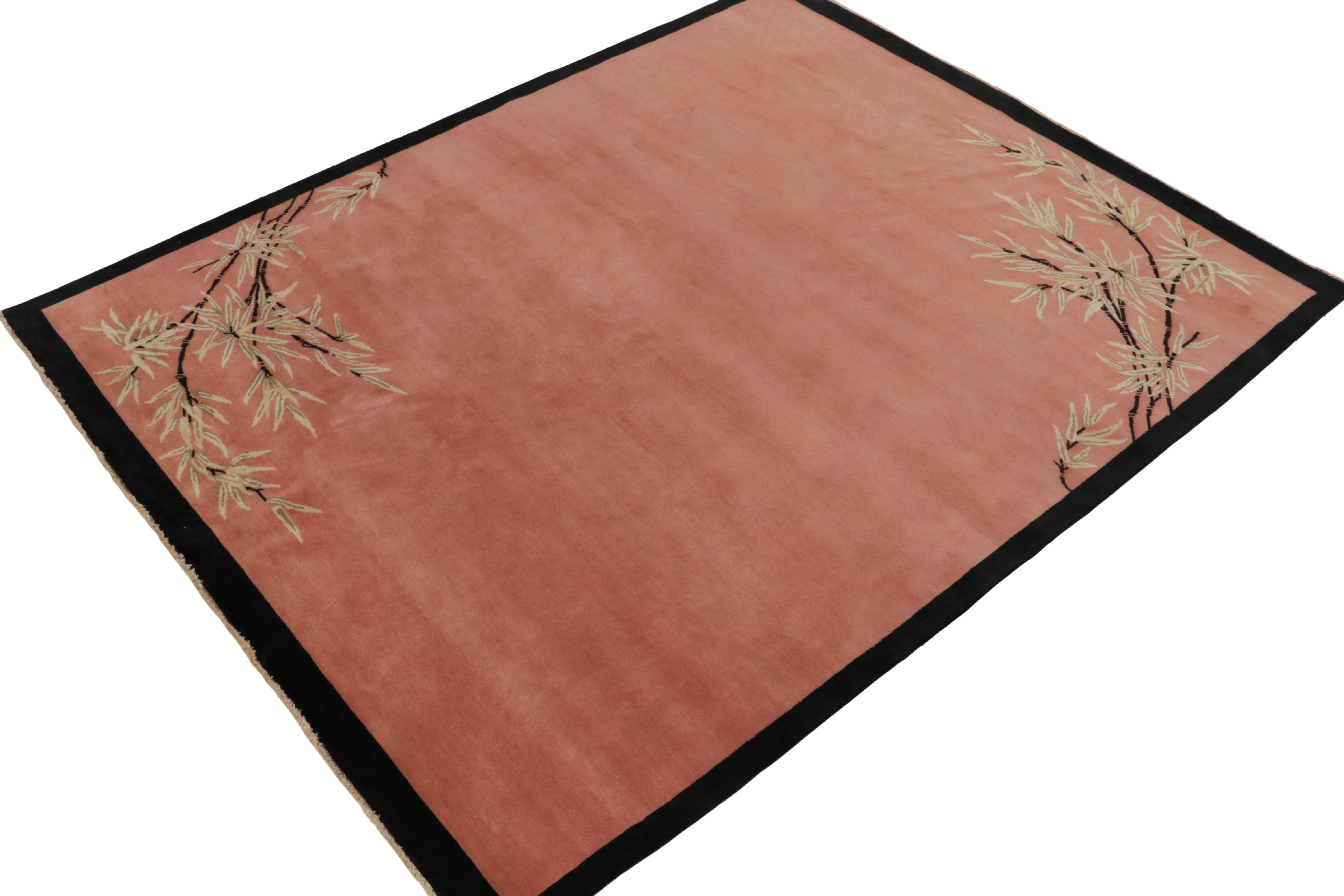 Hand-knotted in luscious wool, an 8x10 Art Deco rug, inspired by Chinese sensibilities of the 1920s. 

On the Design: Soft pink tones marry the sheen of wool for an especially alluring luster in a healthy pile. The pattern depicts florals in