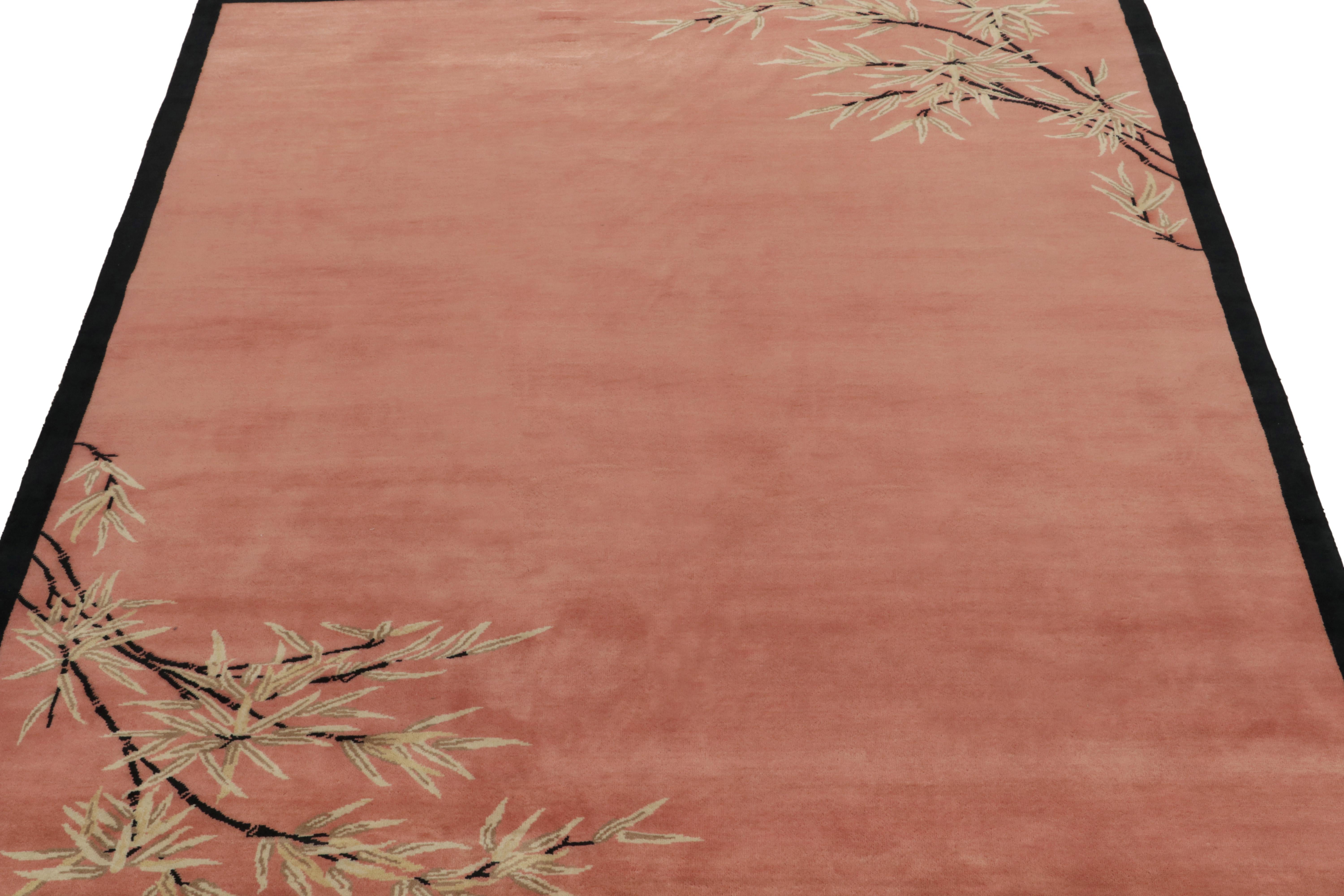 Hand-Knotted Chinese Art Deco Style Rug in Pink Open Field with Floral Patterns