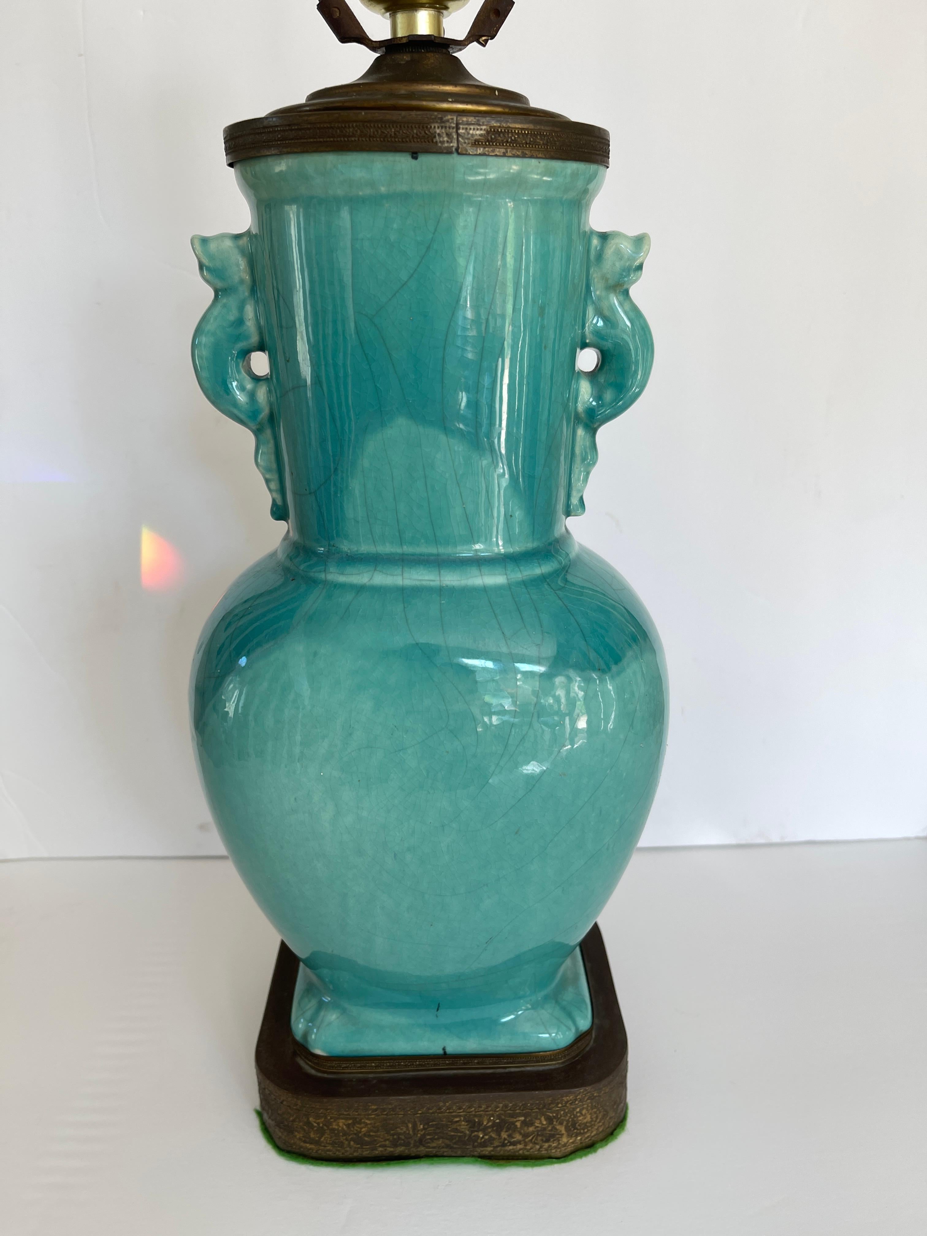 Chinese Export Chinese Art Deco Turquoise Craquelure Porcelain Vase Lamp For Sale
