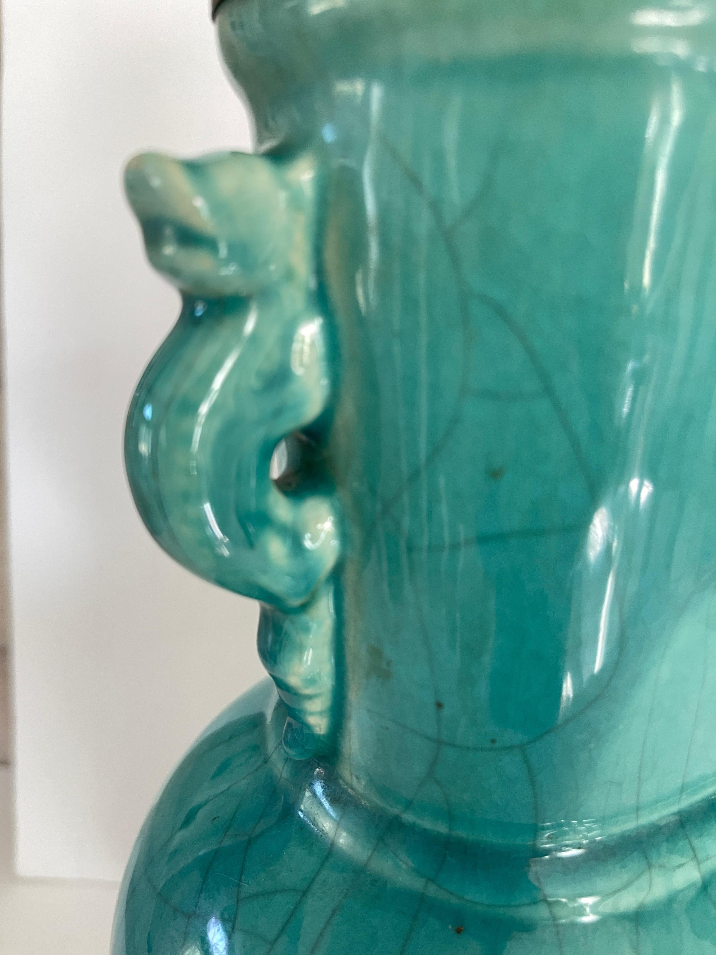 Glazed Chinese Art Deco Turquoise Craquelure Porcelain Vase Lamp For Sale