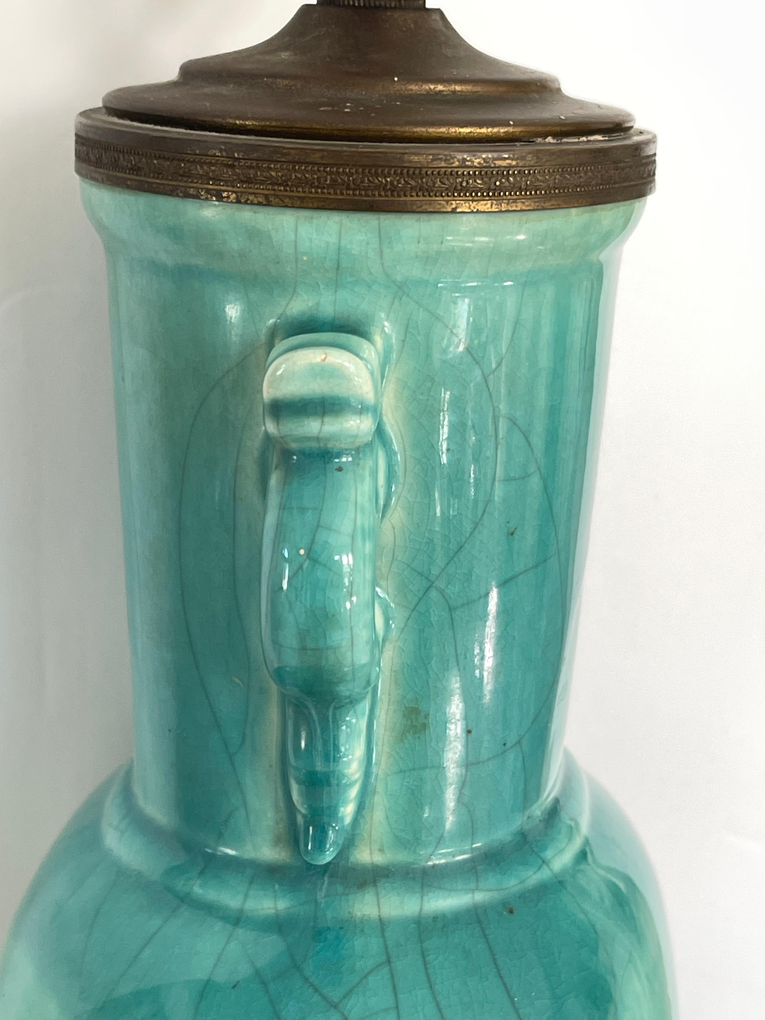 Chinese Art Deco Turquoise Craquelure Porcelain Vase Lamp In Good Condition For Sale In New York, NY