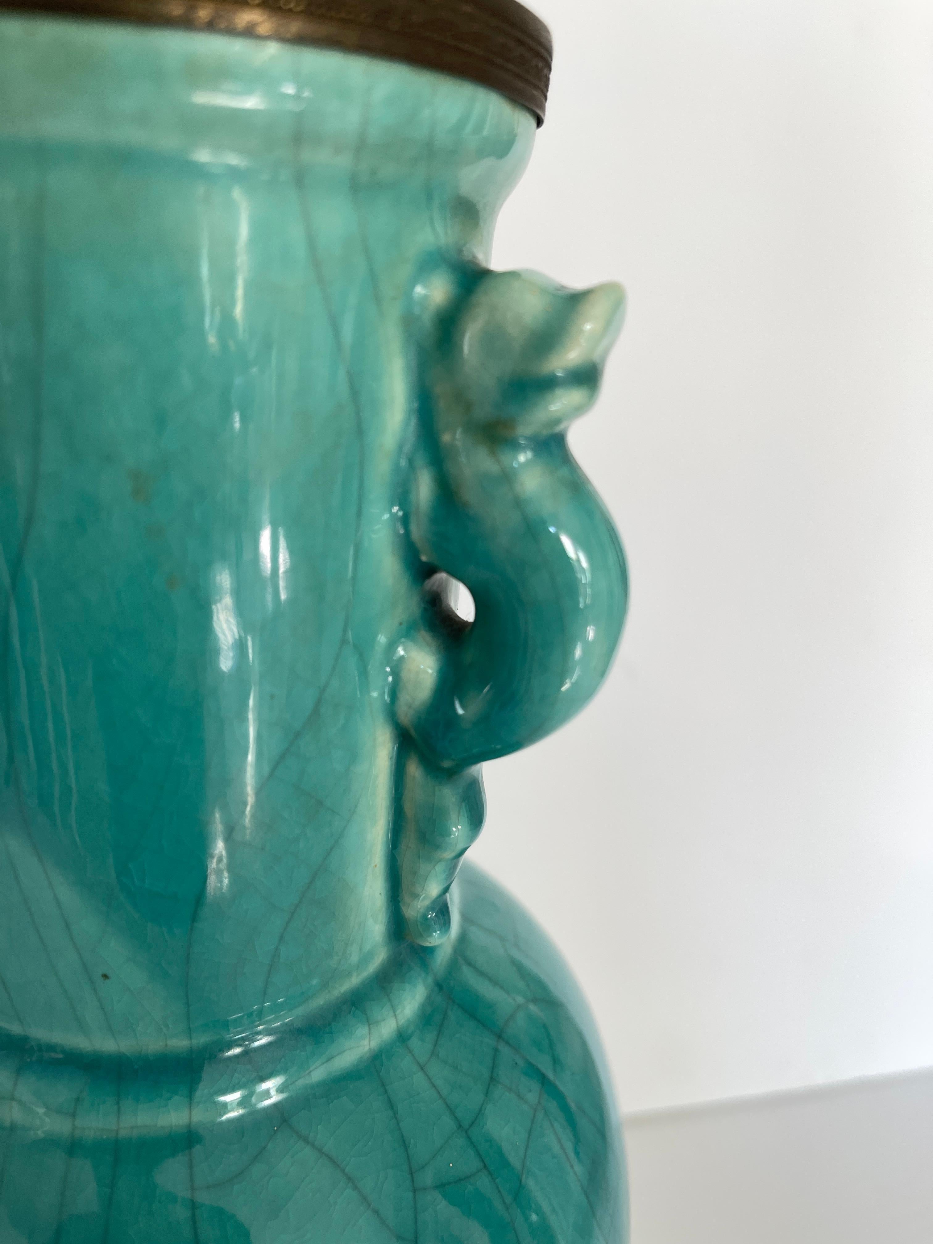 20th Century Chinese Art Deco Turquoise Craquelure Porcelain Vase Lamp For Sale