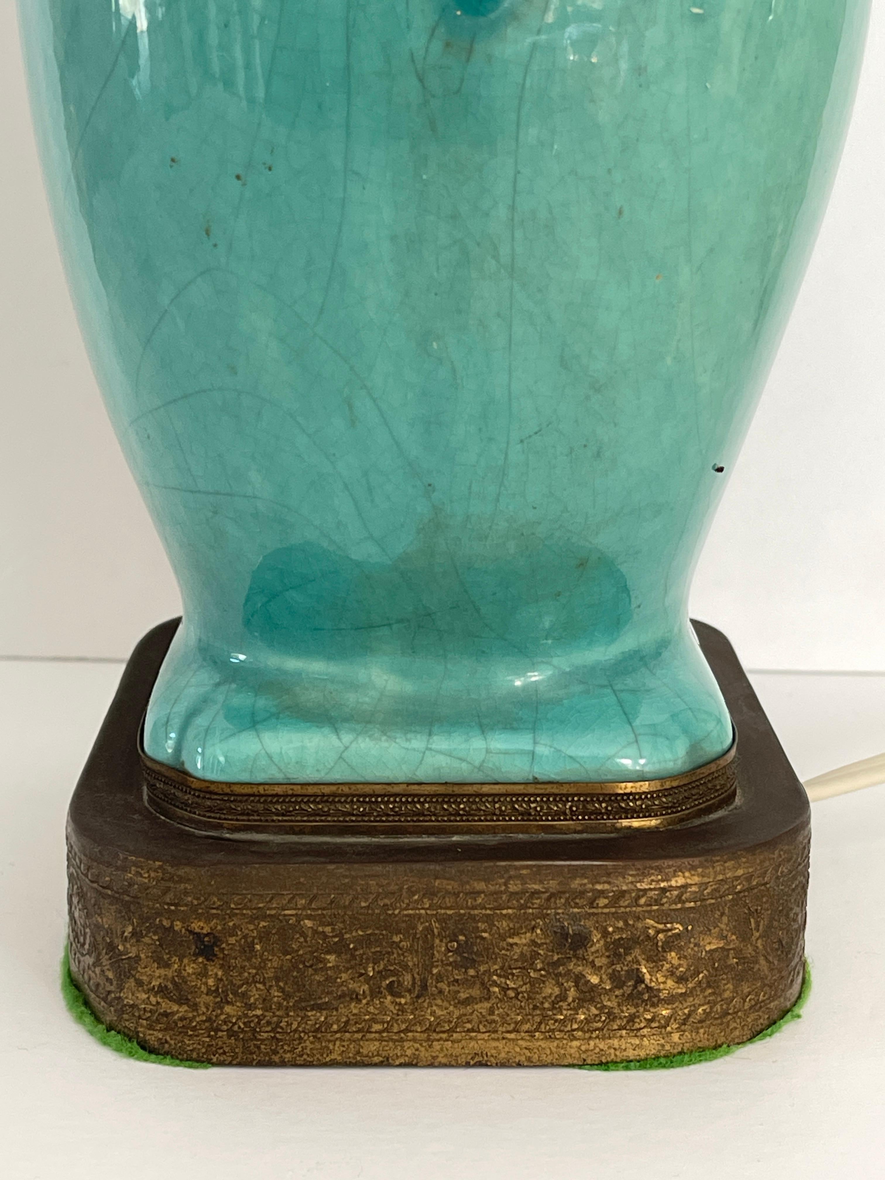 Chinese Art Deco Turquoise Craquelure Porcelain Vase Lamp For Sale 1