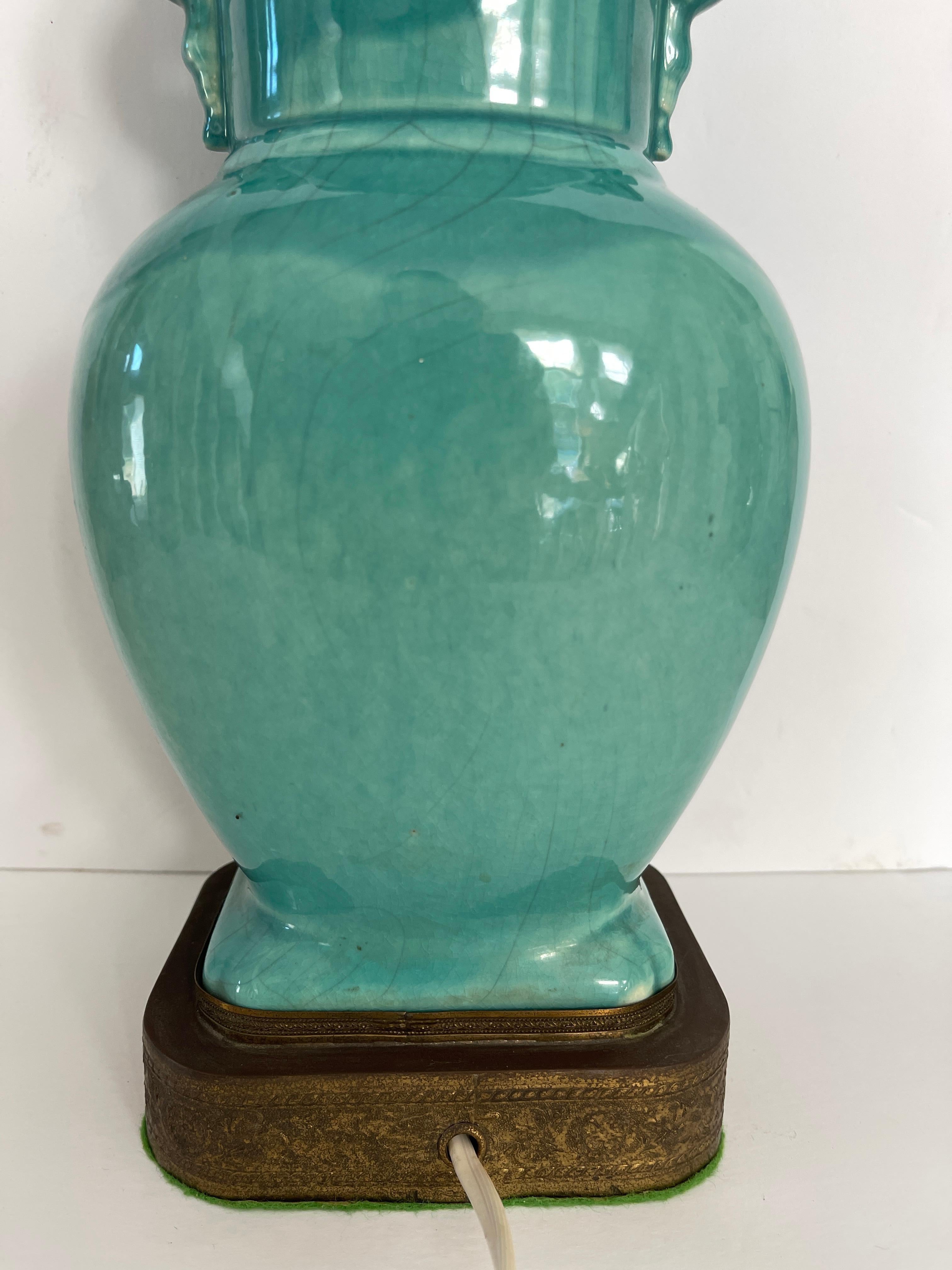 Chinese Art Deco Turquoise Craquelure Porcelain Vase Lamp For Sale 2