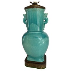 Chinese Art Deco Turquoise Craquelure Porcelain Vase Lamp