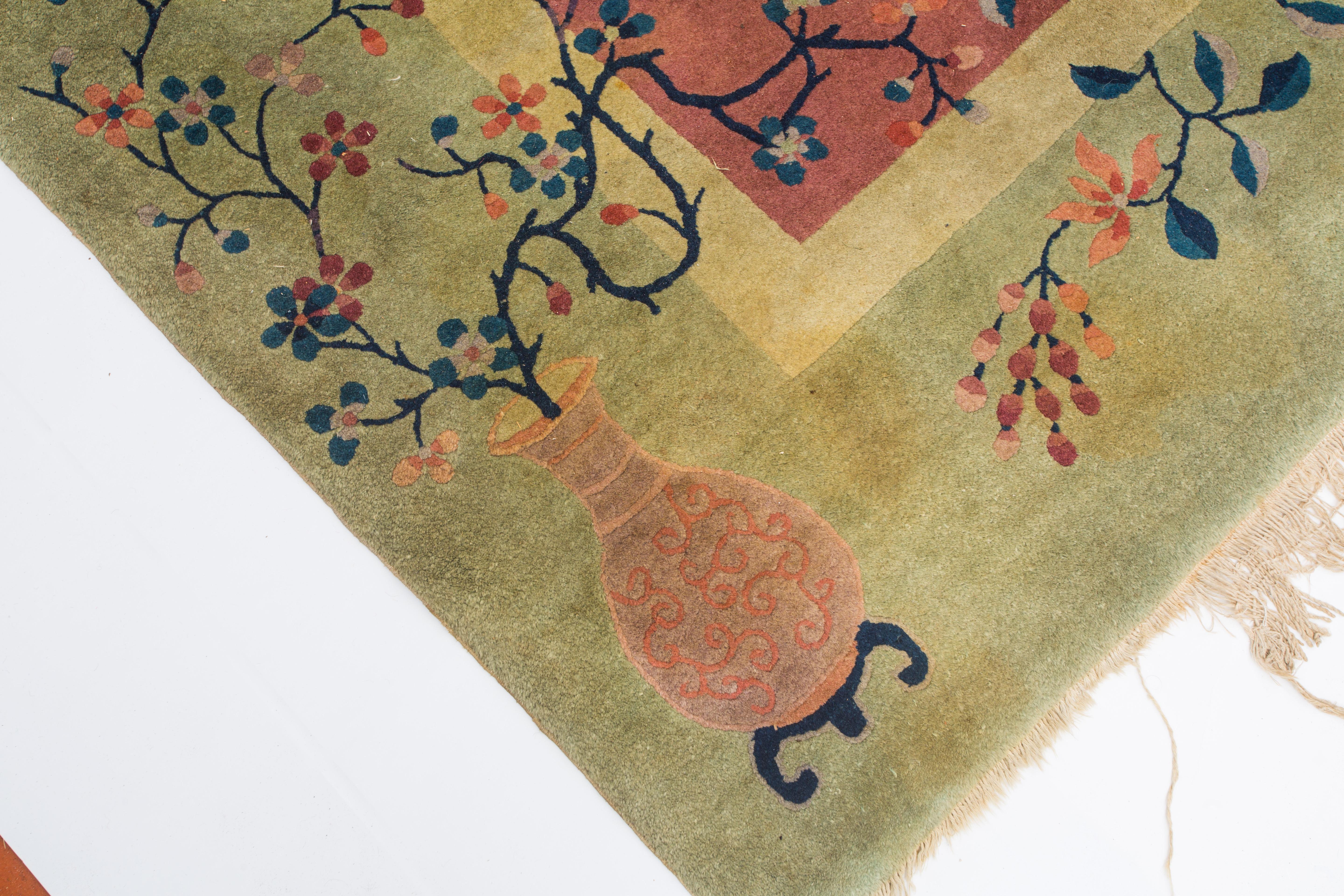 Wool Chinese Art Deco, Soft Pastel Antique Carpet For Sale