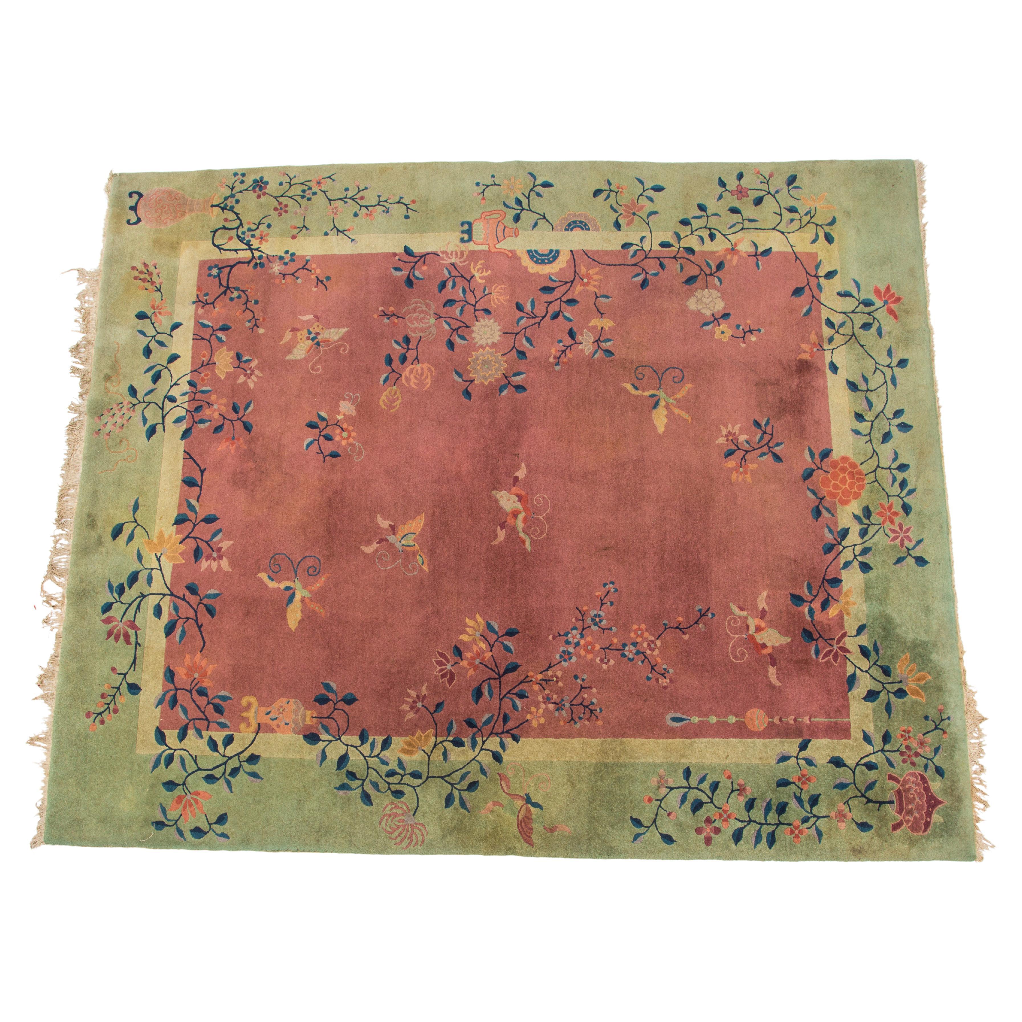 Alfombra Antigua China Art Decó, Pastel Suave