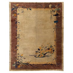 Chinese Art Deco Wool Rug Pagoda & Floral Design - Earthy Bronze & Gold Tones