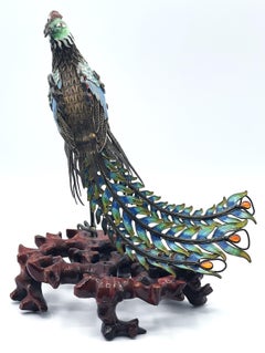 Chinese Art Nouveau Brass Enamel Peacock Sculpture, circa 1900