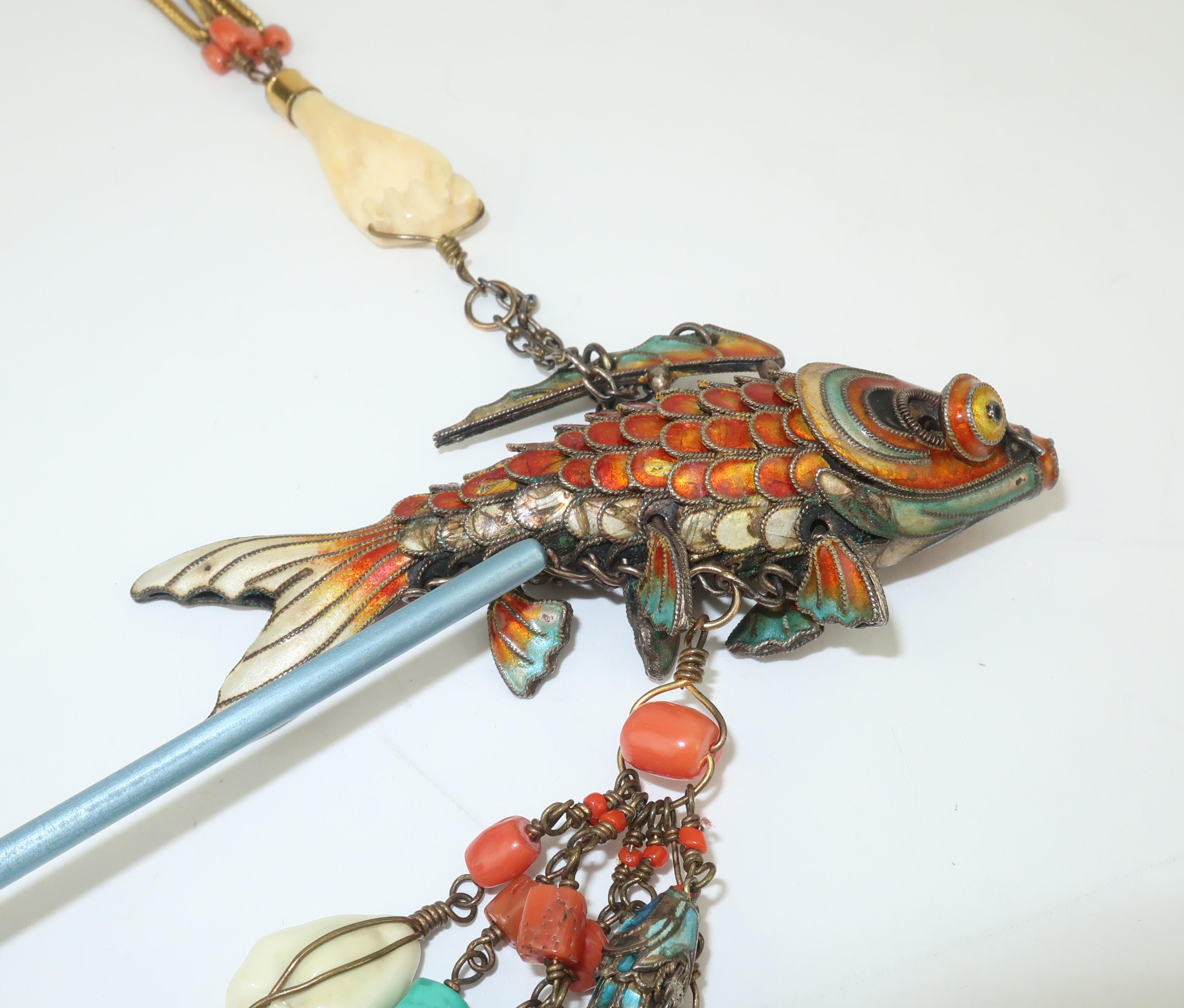 Chinese Articulated Enamel Fish Charm Necklace With Coral 5