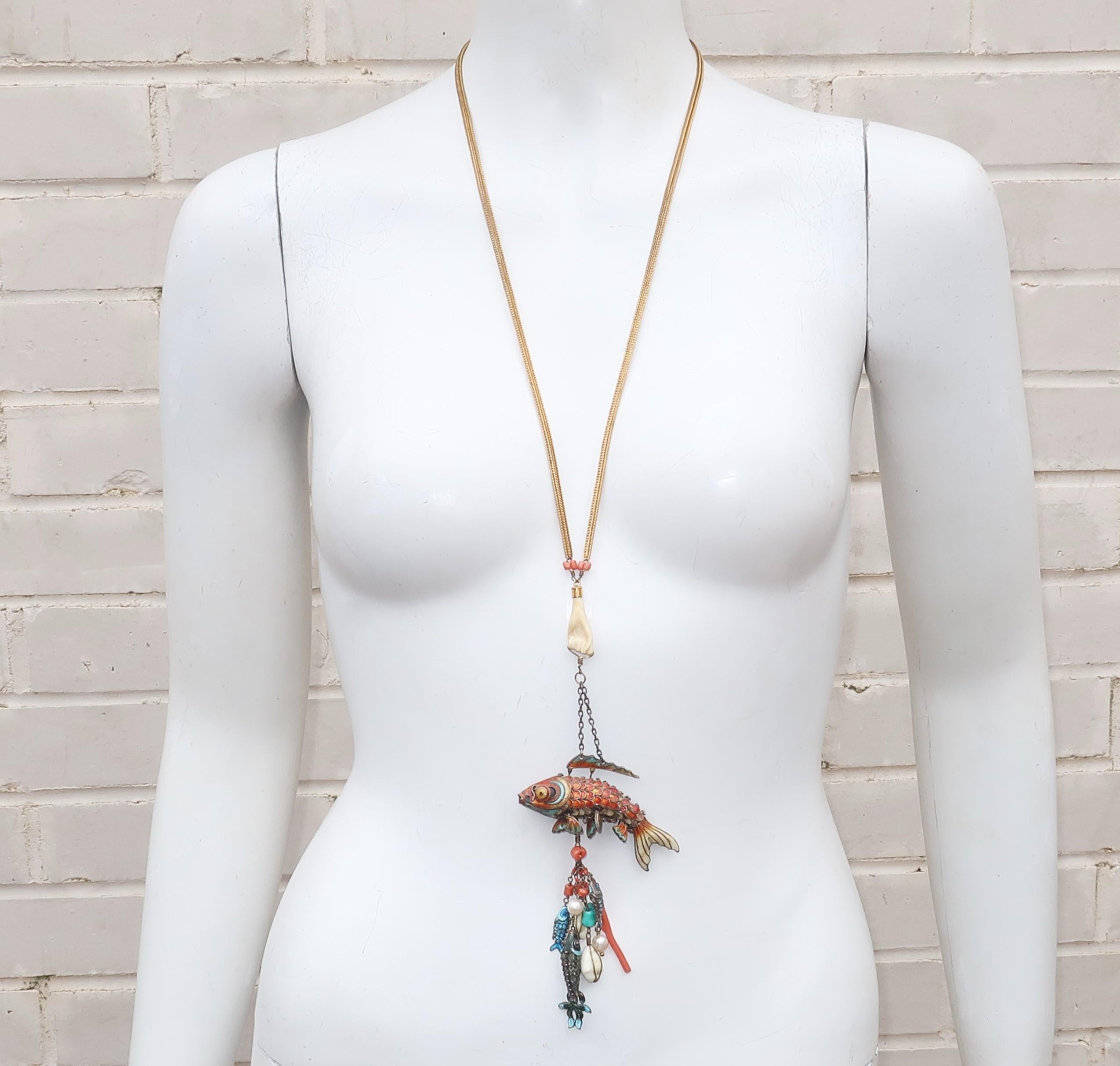 Chinese Articulated Enamel Fish Charm Necklace With Coral 6