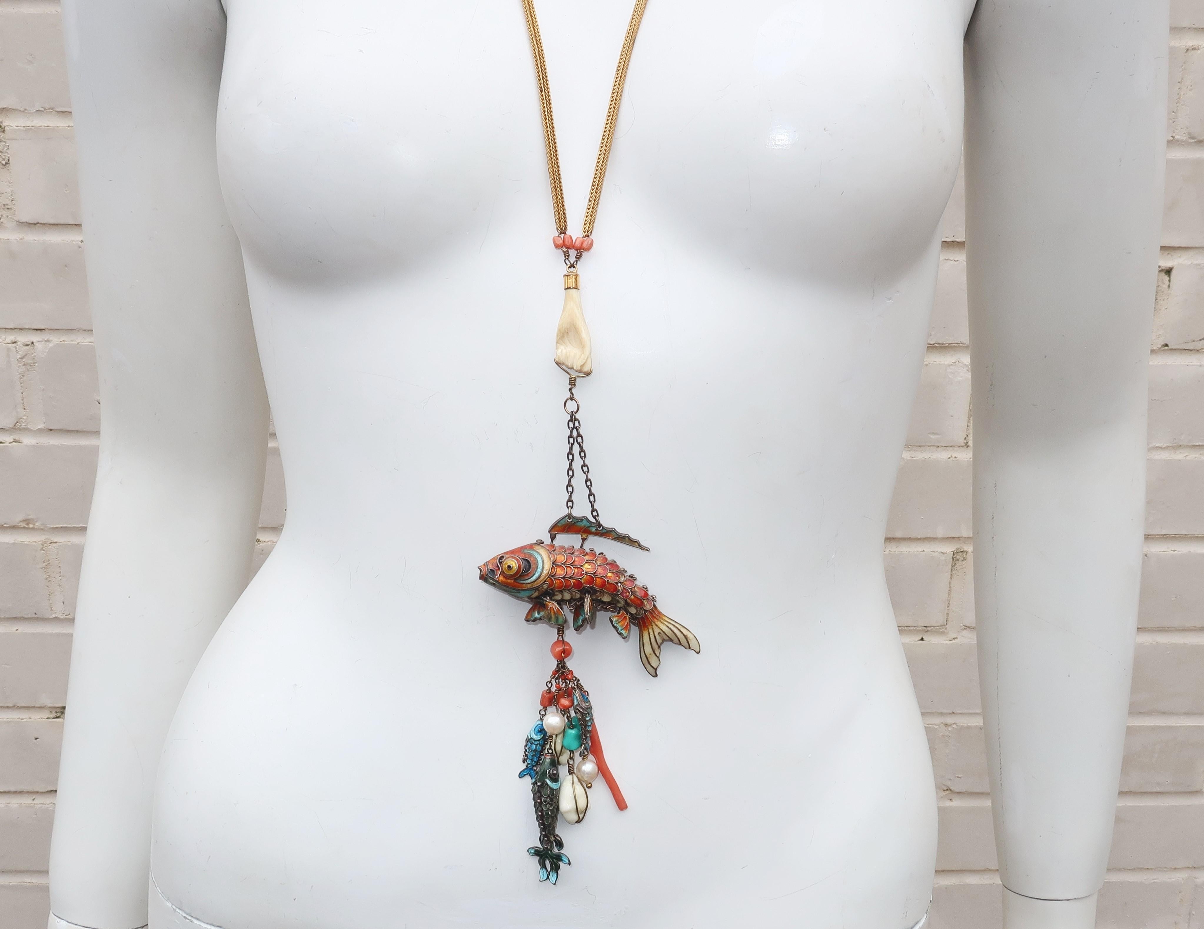 Chinese Articulated Enamel Fish Charm Necklace With Coral 7