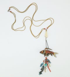 Chinese Articulated Enamel Fish Charm Necklace With Coral