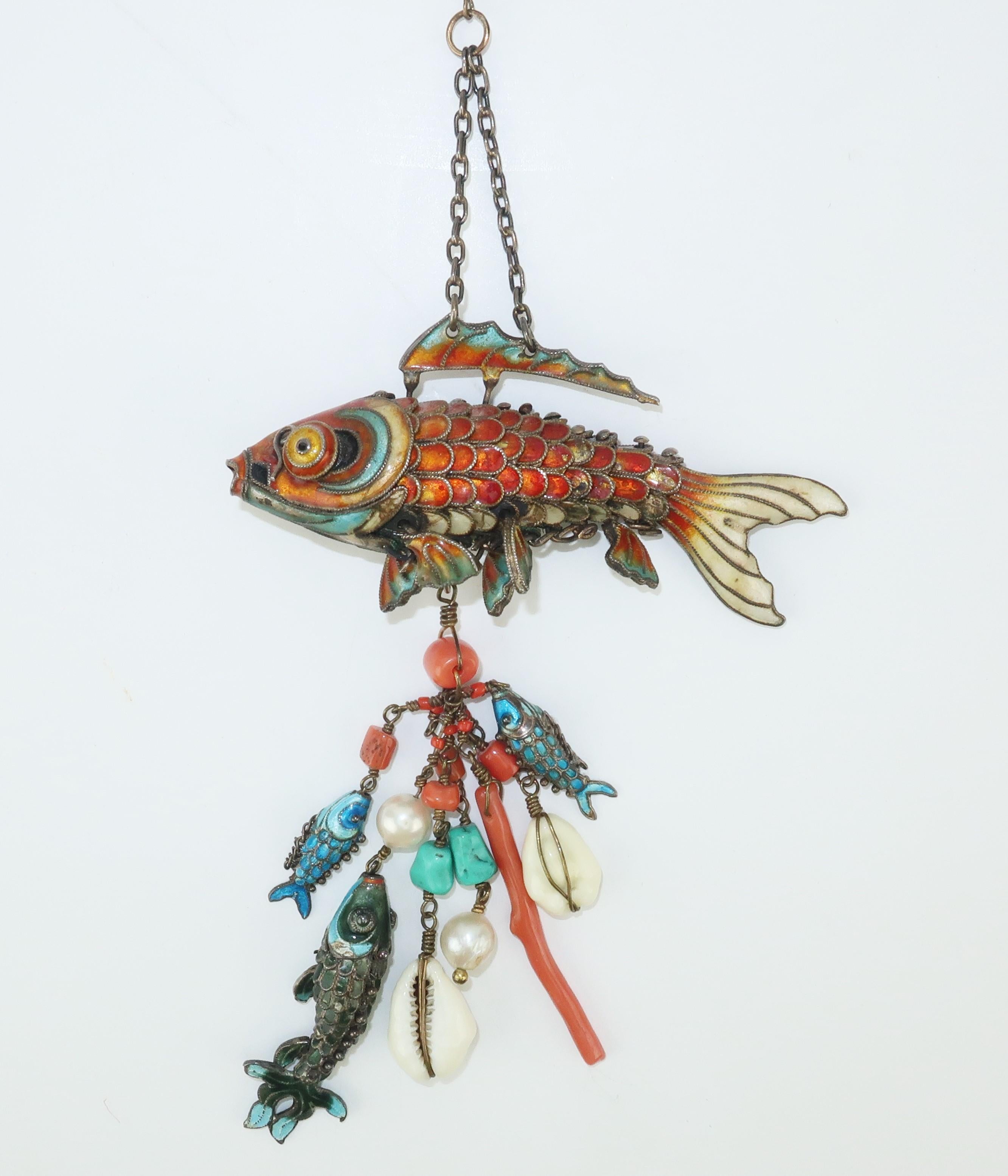 Chinese Articulated Enamel Fish Charm Necklace With Coral In Good Condition In Atlanta, GA