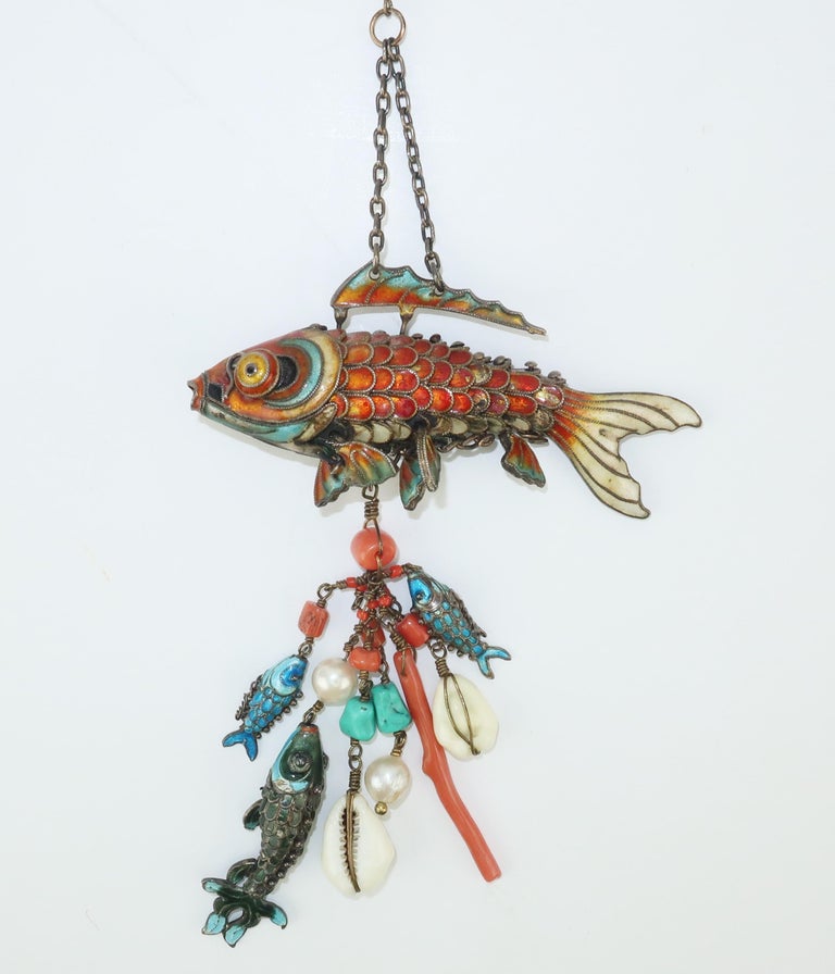 Chinese Articulated Enamel Fish Charm Necklace With Coral at 1stDibs