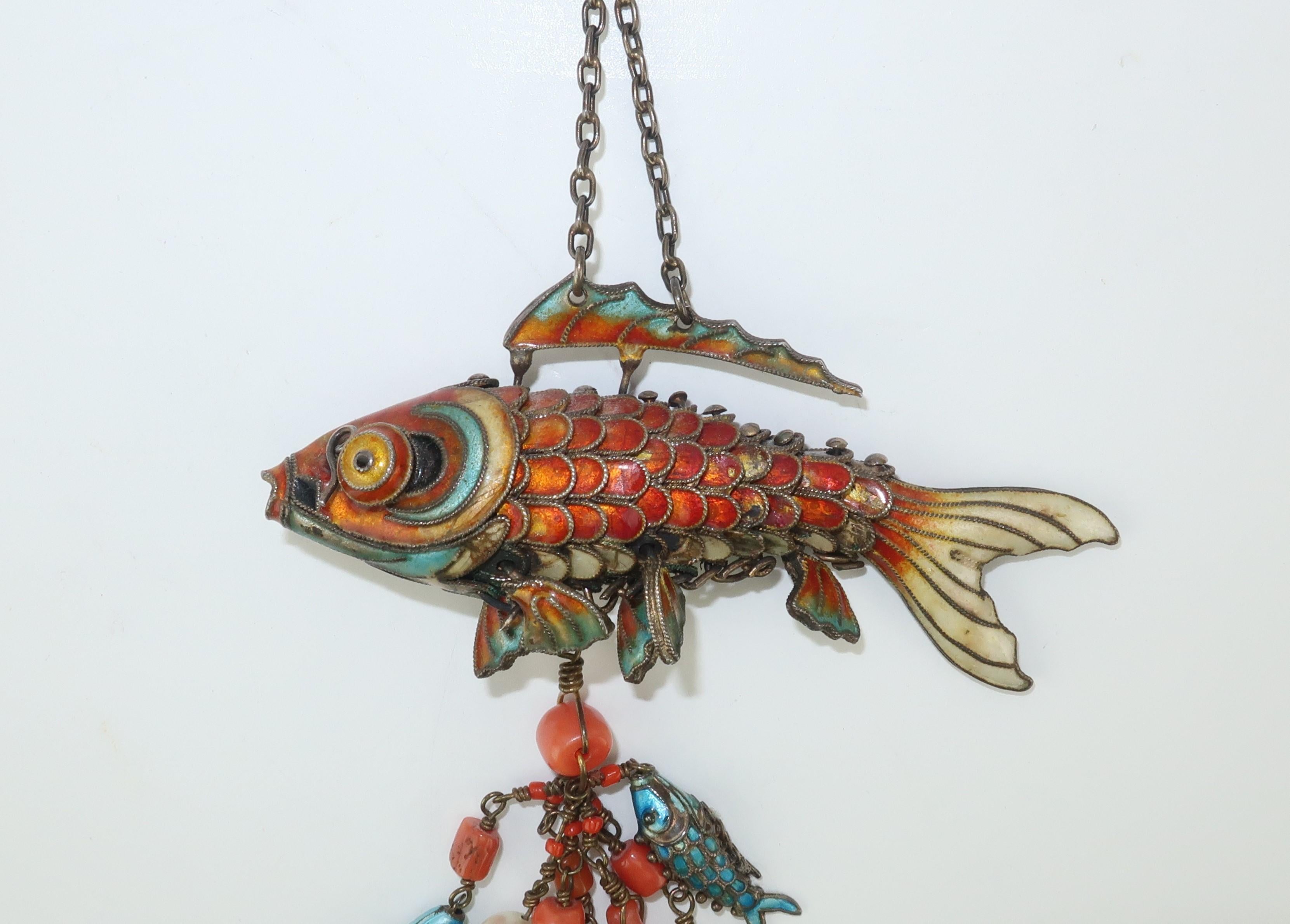 Women's Chinese Articulated Enamel Fish Charm Necklace With Coral