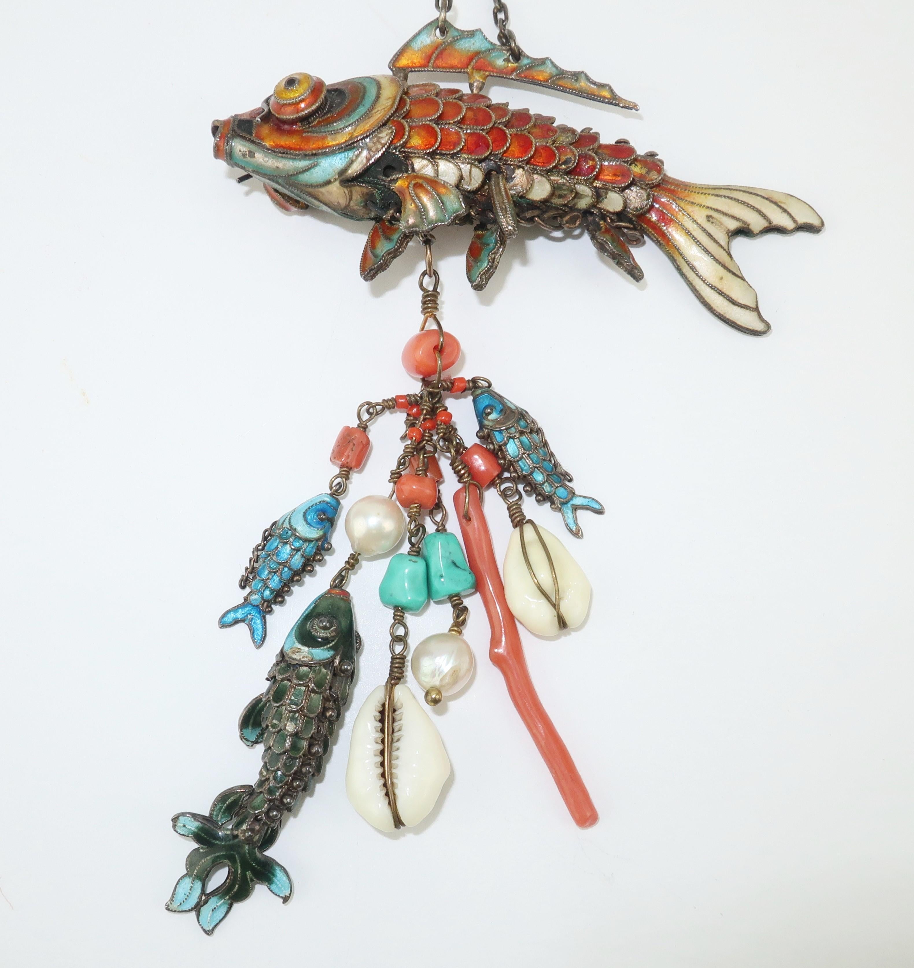 Chinese Articulated Enamel Fish Charm Necklace With Coral 1