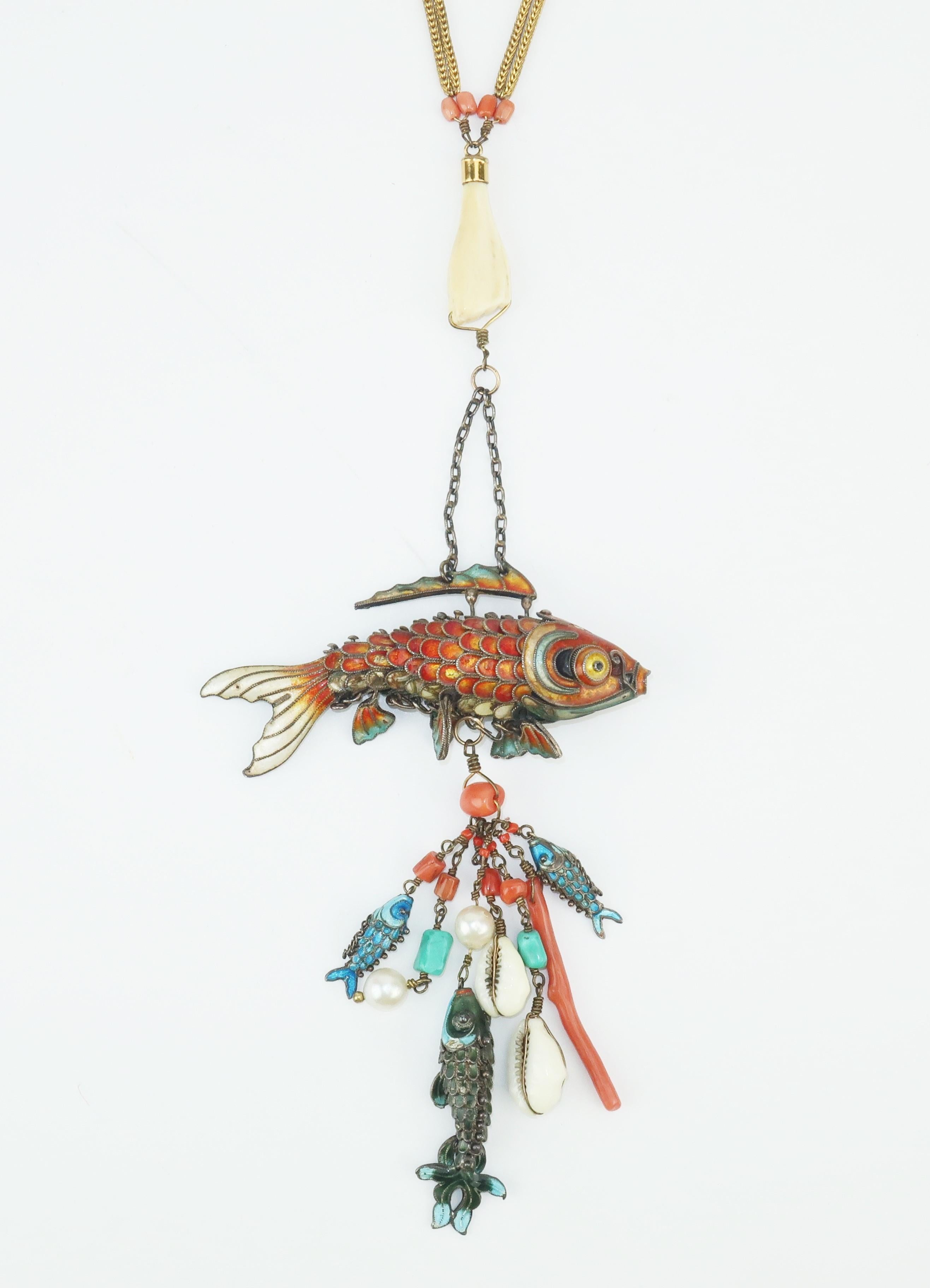 Chinese Articulated Enamel Fish Charm Necklace With Coral 2