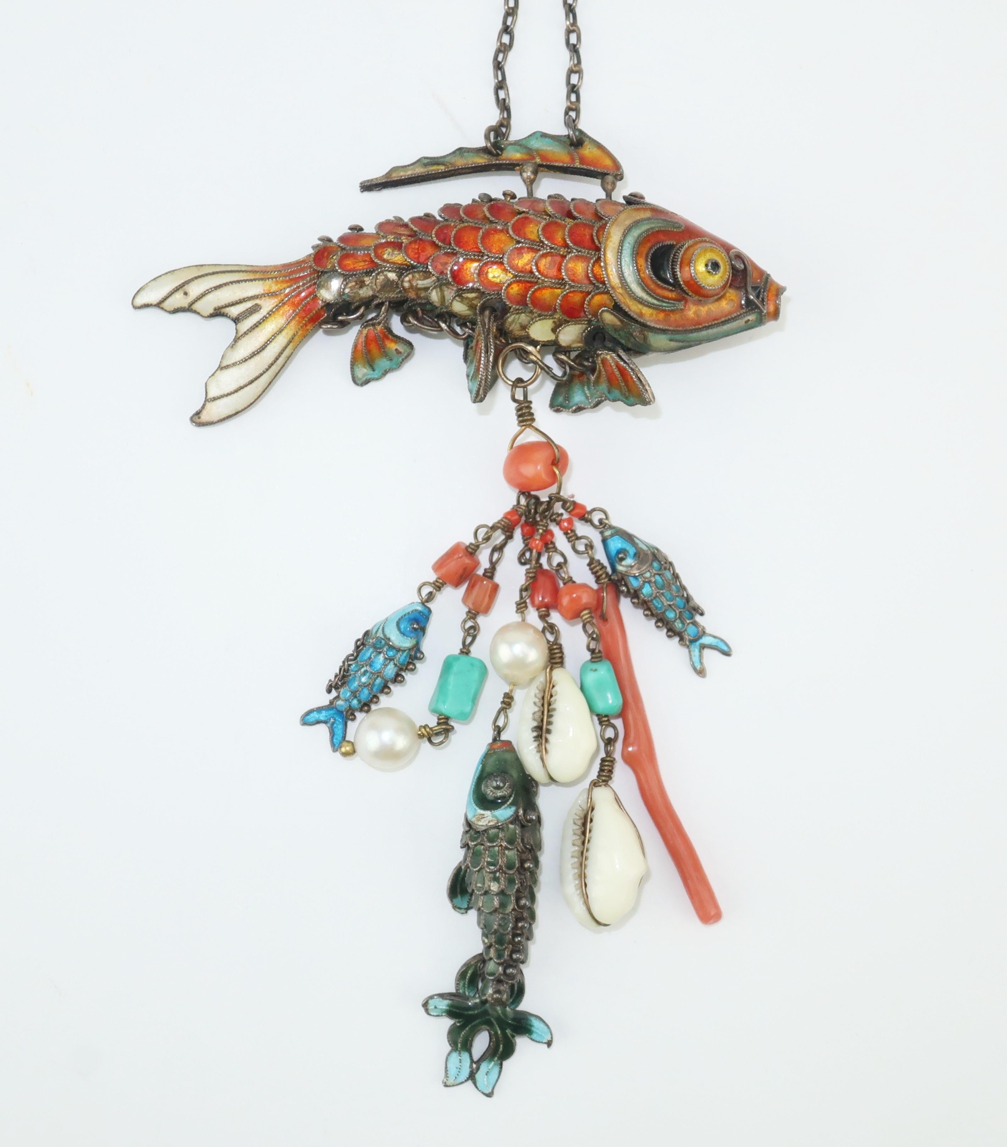 Chinese Articulated Enamel Fish Charm Necklace With Coral 3