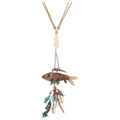 Chinese Articulated Enamel Fish Charm Necklace With Coral