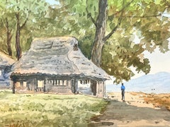 Antique Chinese Impressionist Painting Cottages by Lake in Landscape
