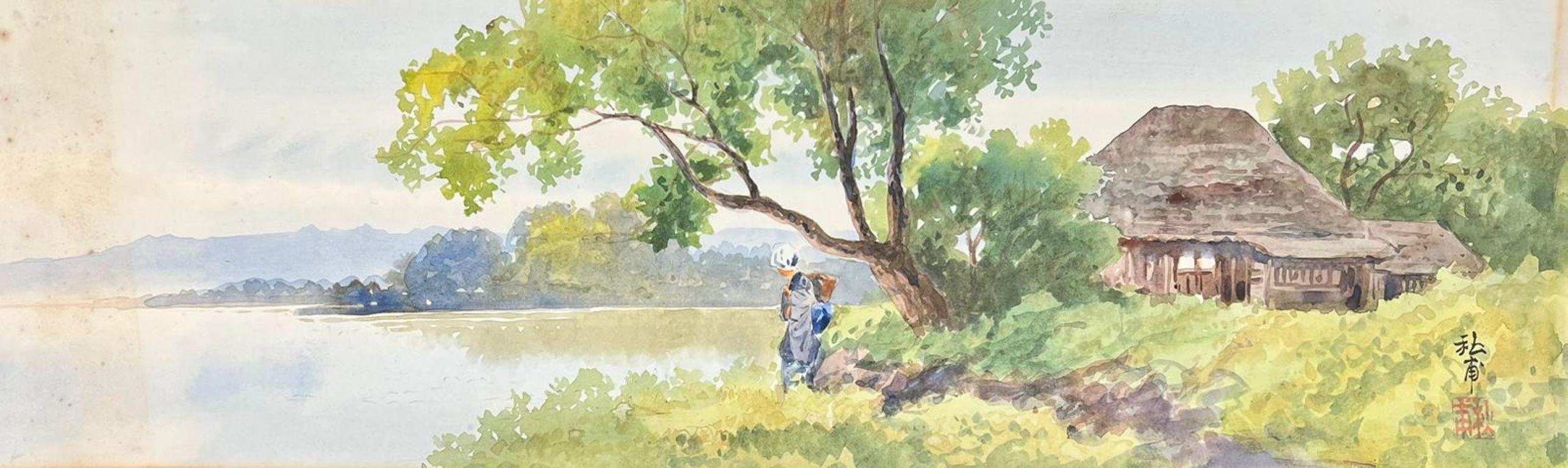 Chinese artist Landscape Art - Antique Impressionist Signed Painting Lady by Lake in Landscape 